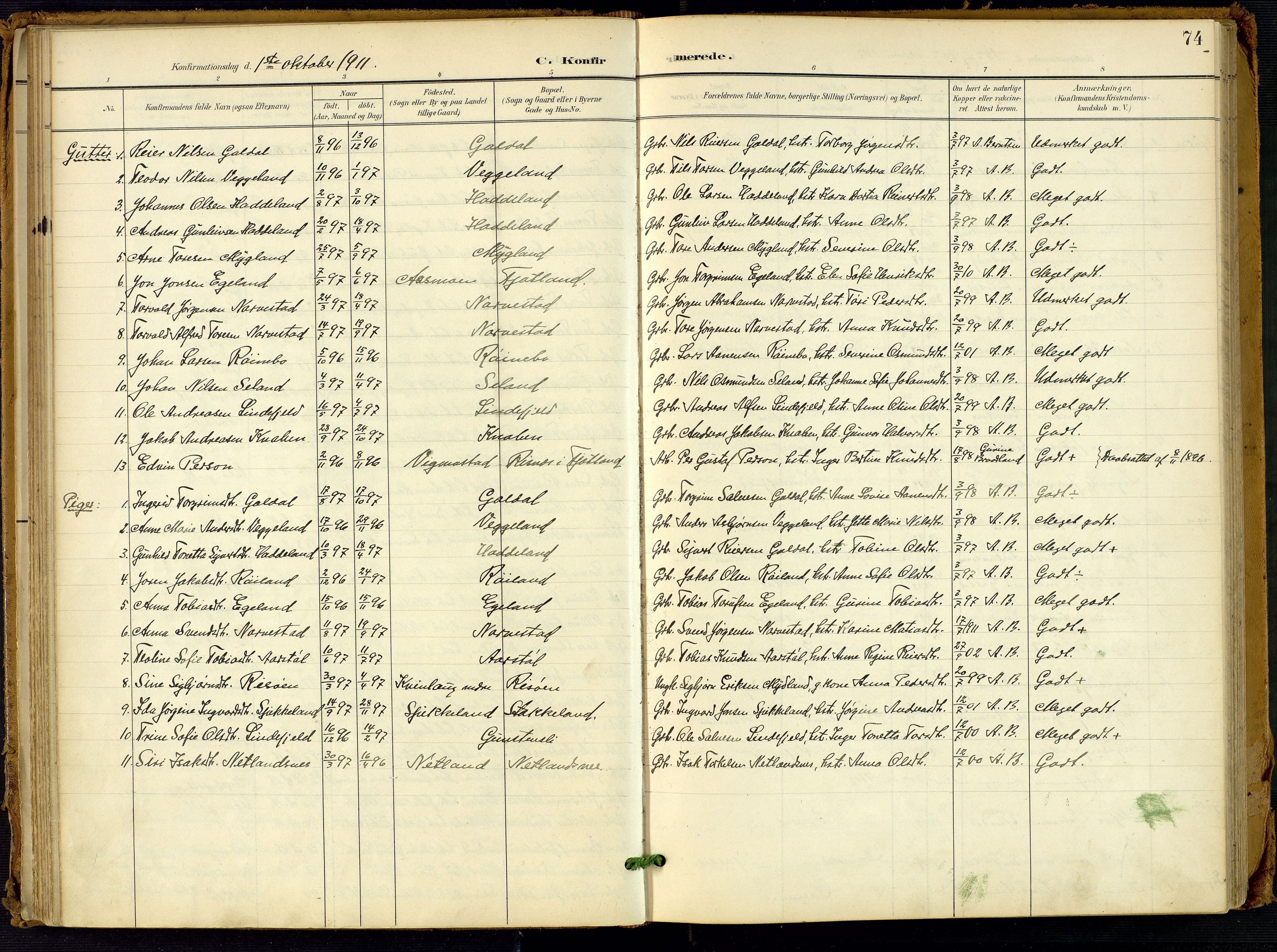 Fjotland sokneprestkontor, AV/SAK-1111-0010/F/Fa/L0003: Ministerialbok nr. A 3, 1899-1917, s. 74