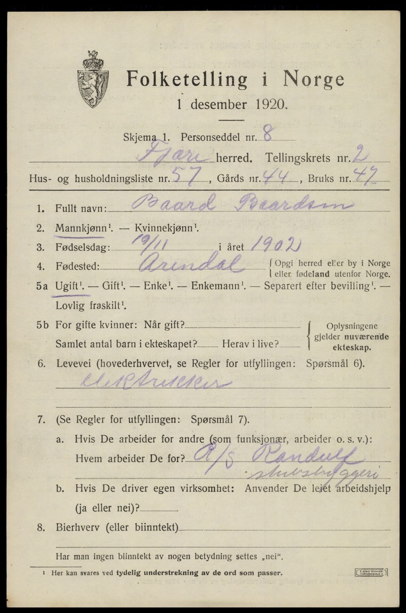 SAK, Folketelling 1920 for 0923 Fjære herred, 1920, s. 3901