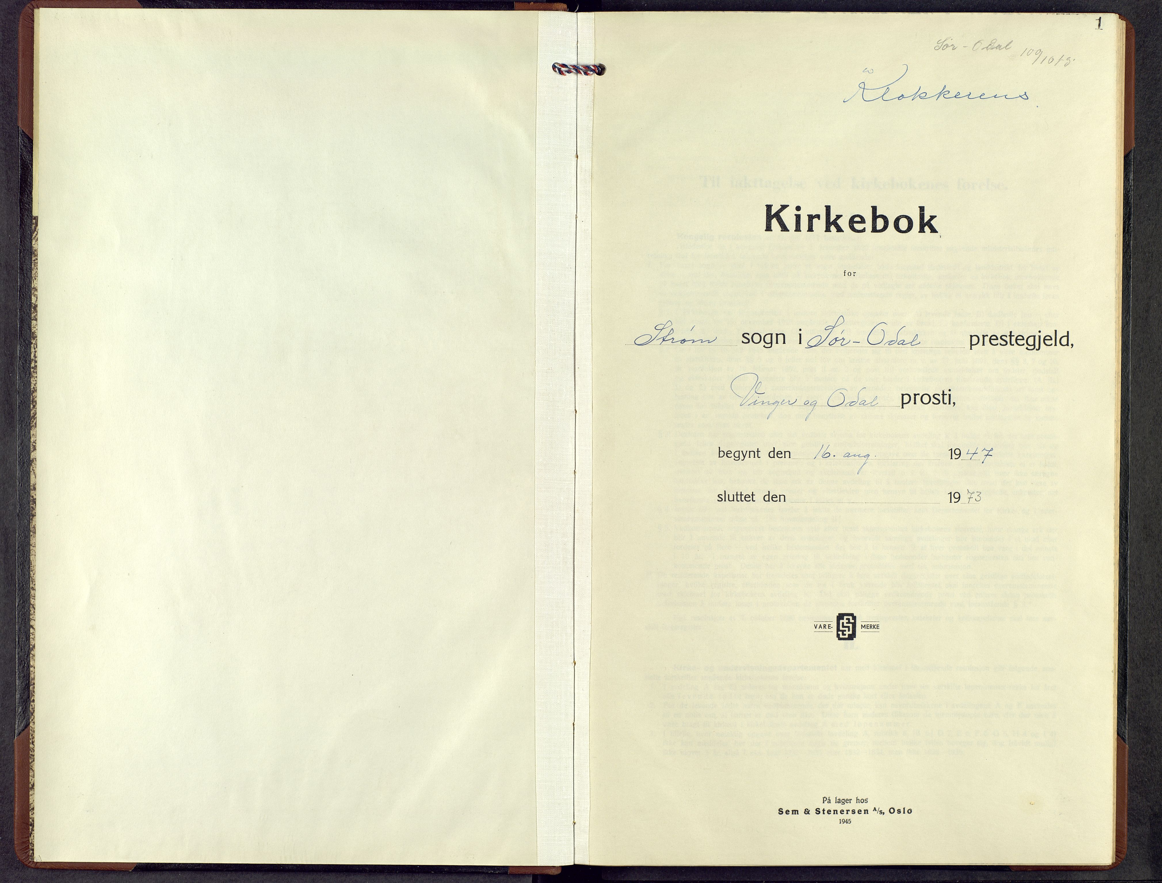 Sør-Odal prestekontor, SAH/PREST-030/H/Ha/Hab/L0015: Klokkerbok nr. 15, 1947-1973, s. 1