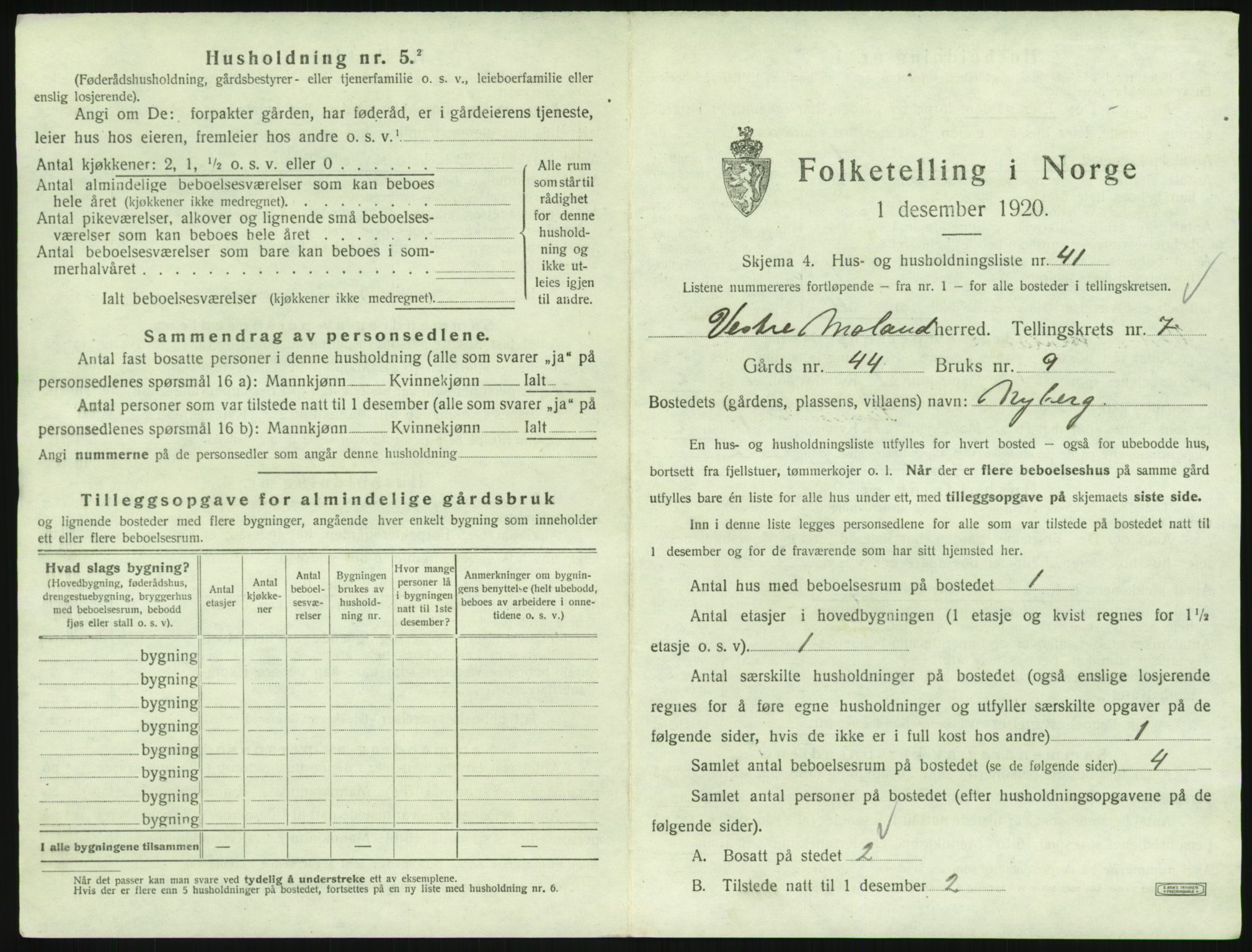 SAK, Folketelling 1920 for 0926 Vestre Moland herred, 1920, s. 947