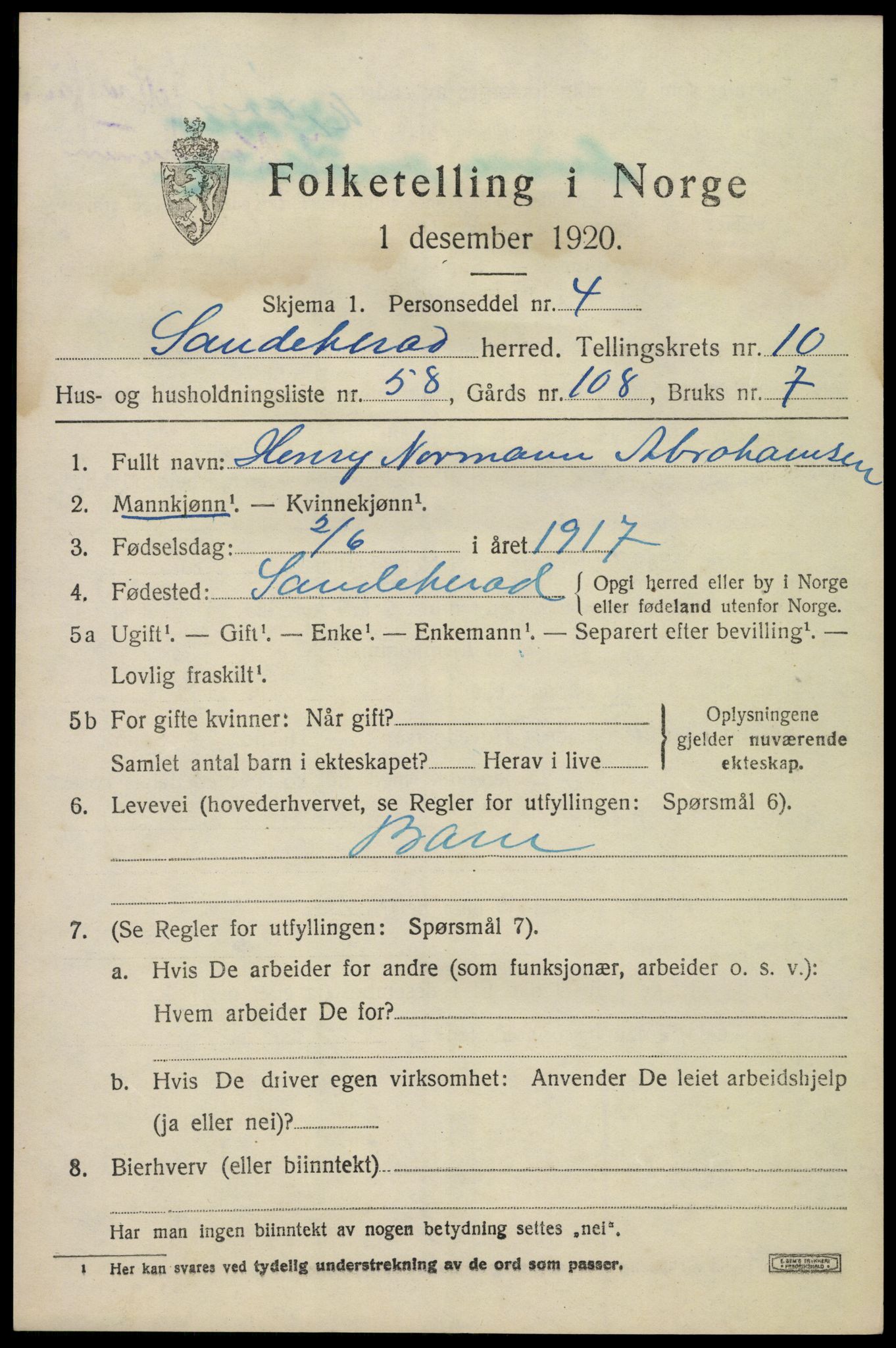 SAKO, Folketelling 1920 for 0724 Sandeherred herred, 1920, s. 15262