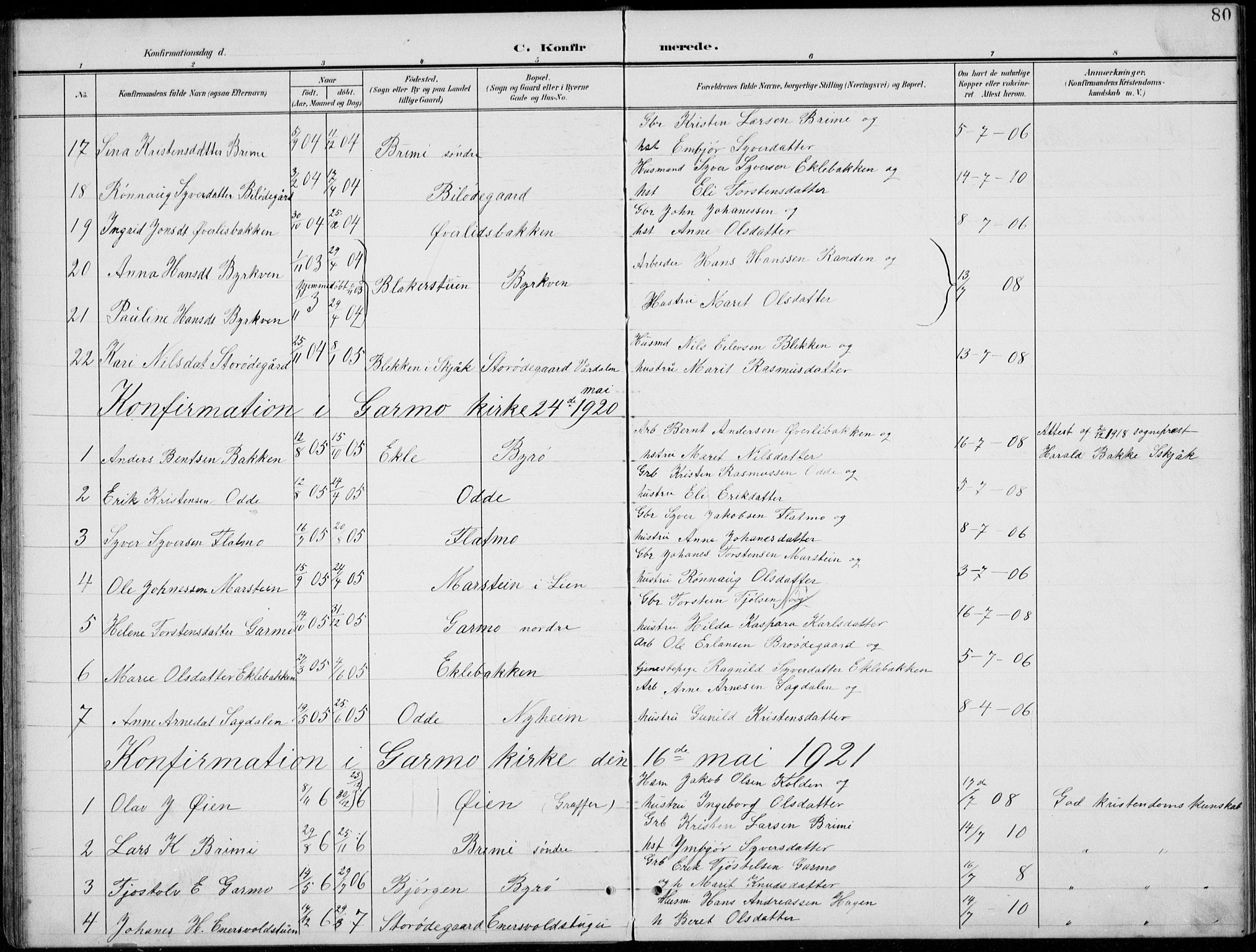 Lom prestekontor, AV/SAH-PREST-070/L/L0006: Klokkerbok nr. 6, 1901-1939, s. 80