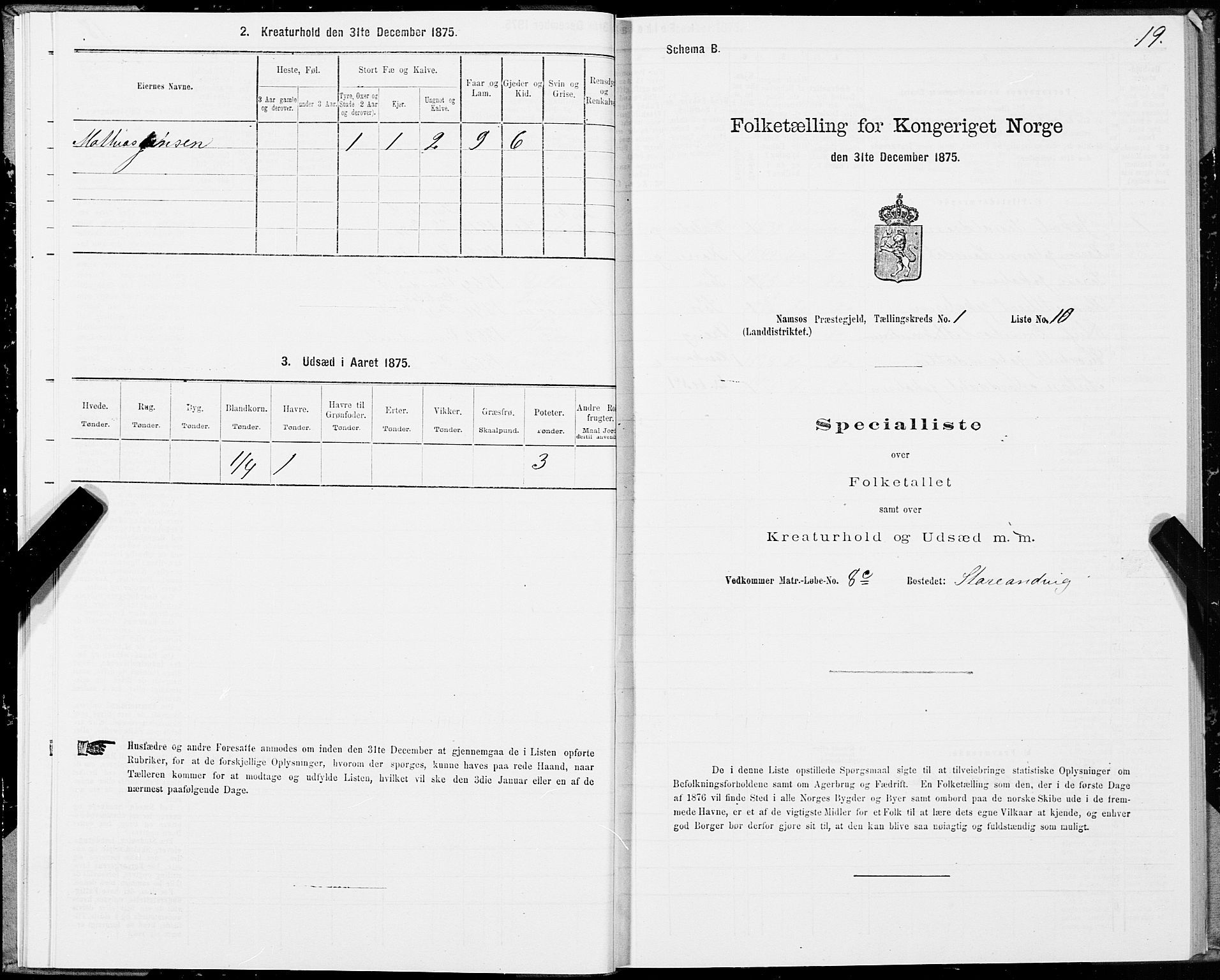 SAT, Folketelling 1875 for 1745L Namsos prestegjeld, Vemundvik sokn og Sævik sokn, 1875, s. 1019
