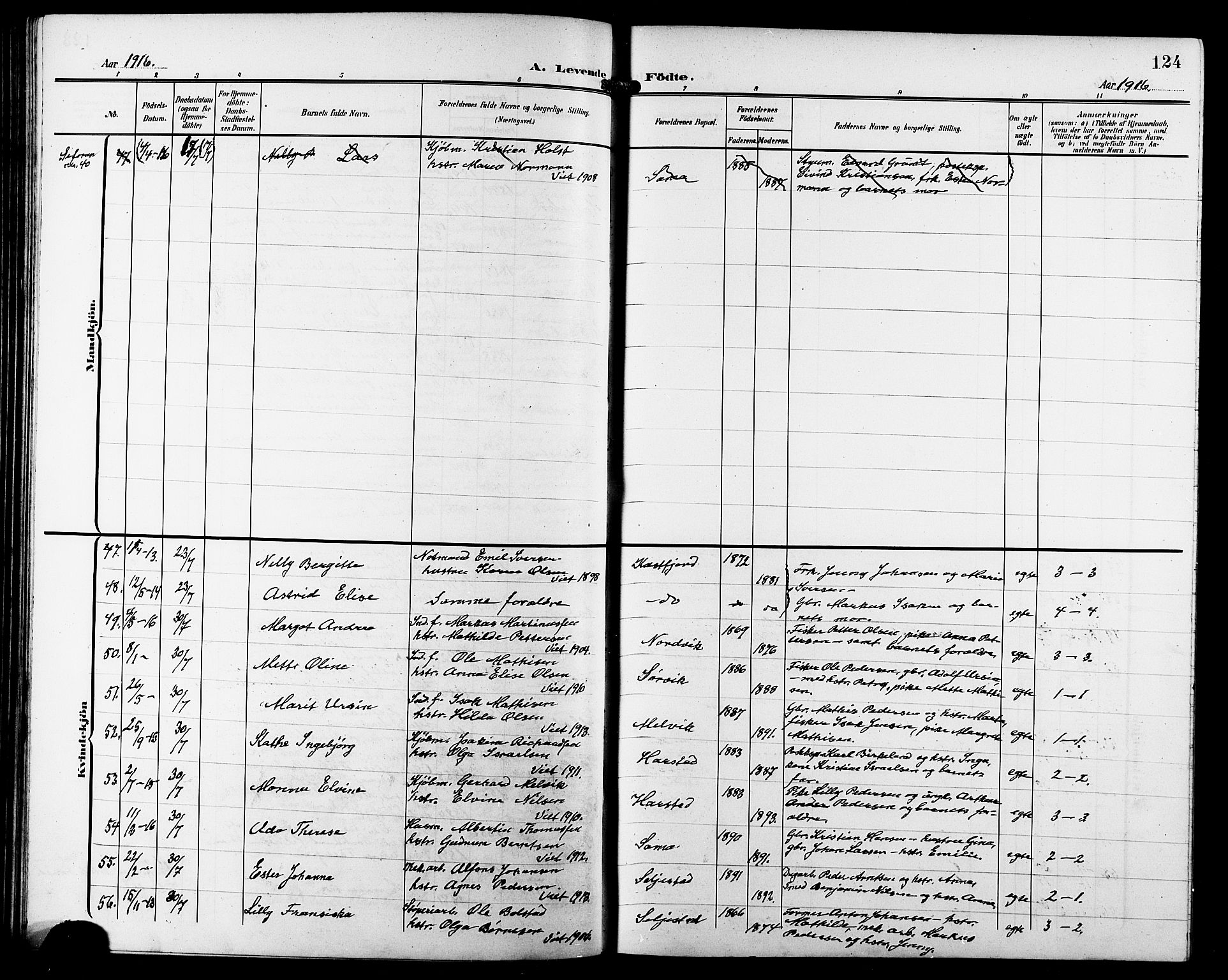 Trondenes sokneprestkontor, AV/SATØ-S-1319/H/Hb/L0012klokker: Klokkerbok nr. 12, 1907-1916, s. 124