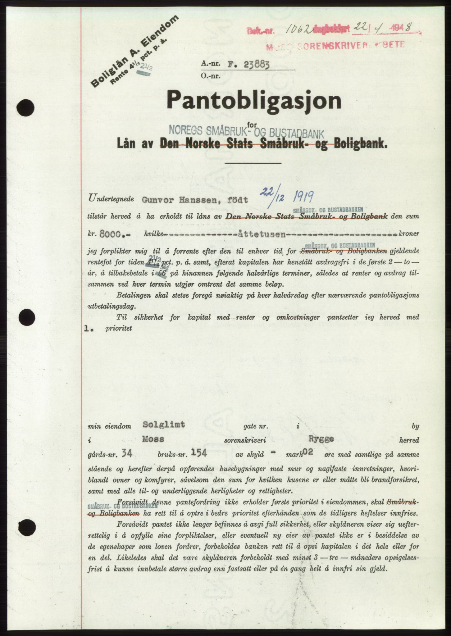 Moss sorenskriveri, SAO/A-10168: Pantebok nr. B19, 1948-1948, Dagboknr: 1062/1948