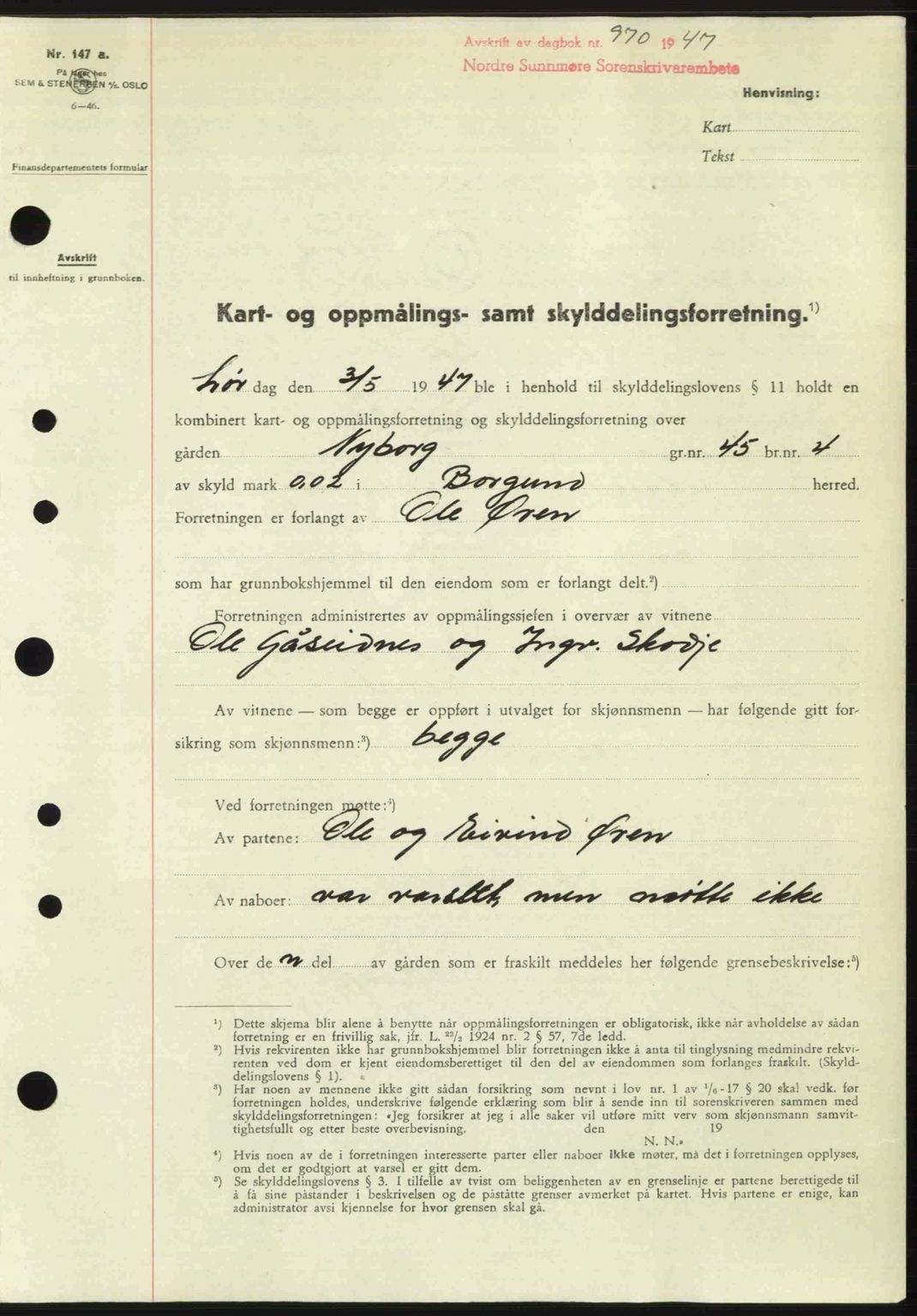 Nordre Sunnmøre sorenskriveri, SAT/A-0006/1/2/2C/2Ca: Pantebok nr. A24, 1947-1947, Dagboknr: 970/1947