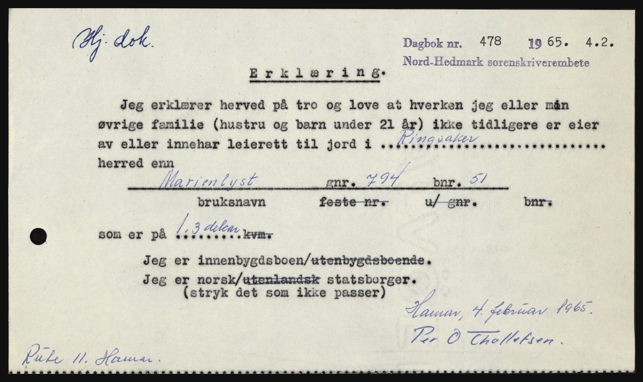 Nord-Hedmark sorenskriveri, SAH/TING-012/H/Hc/L0021: Pantebok nr. 21, 1964-1965, Dagboknr: 478/1965