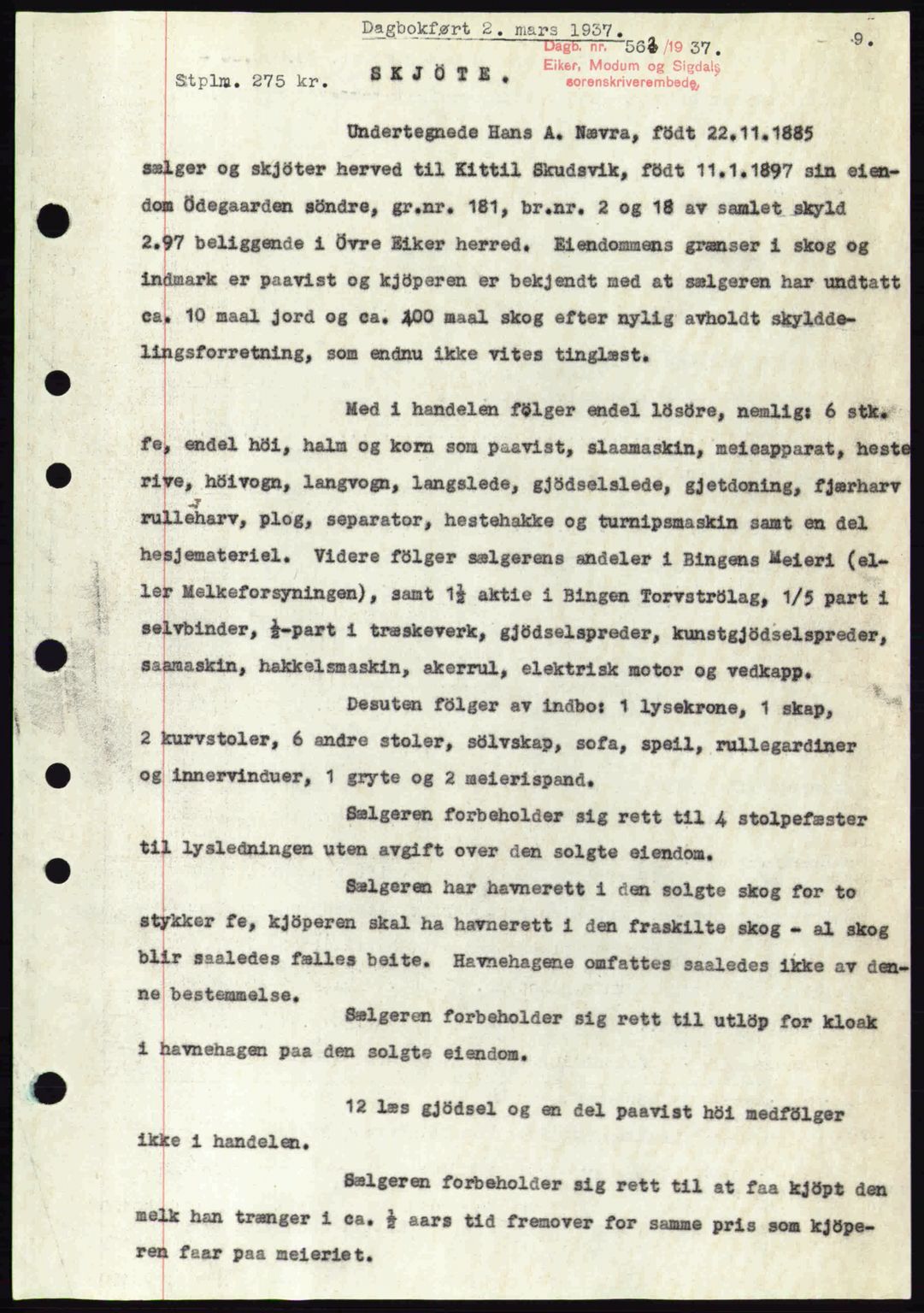 Eiker, Modum og Sigdal sorenskriveri, SAKO/A-123/G/Ga/Gab/L0035: Pantebok nr. A5, 1937-1937, Dagboknr: 563/1937