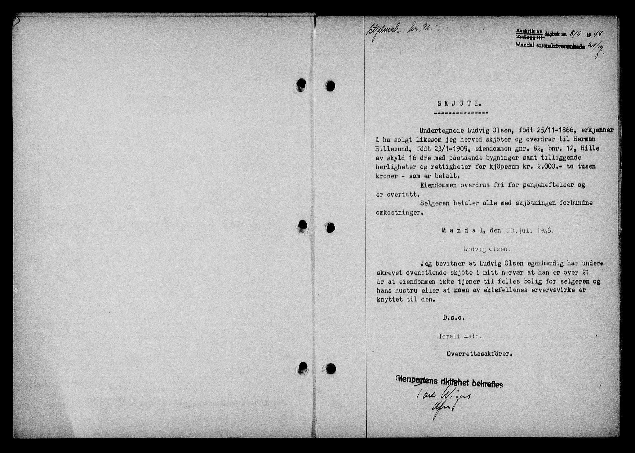 Mandal sorenskriveri, SAK/1221-0005/001/G/Gb/Gba/L0079: Pantebok nr. A-16, 1947-1948, Dagboknr: 810/1948