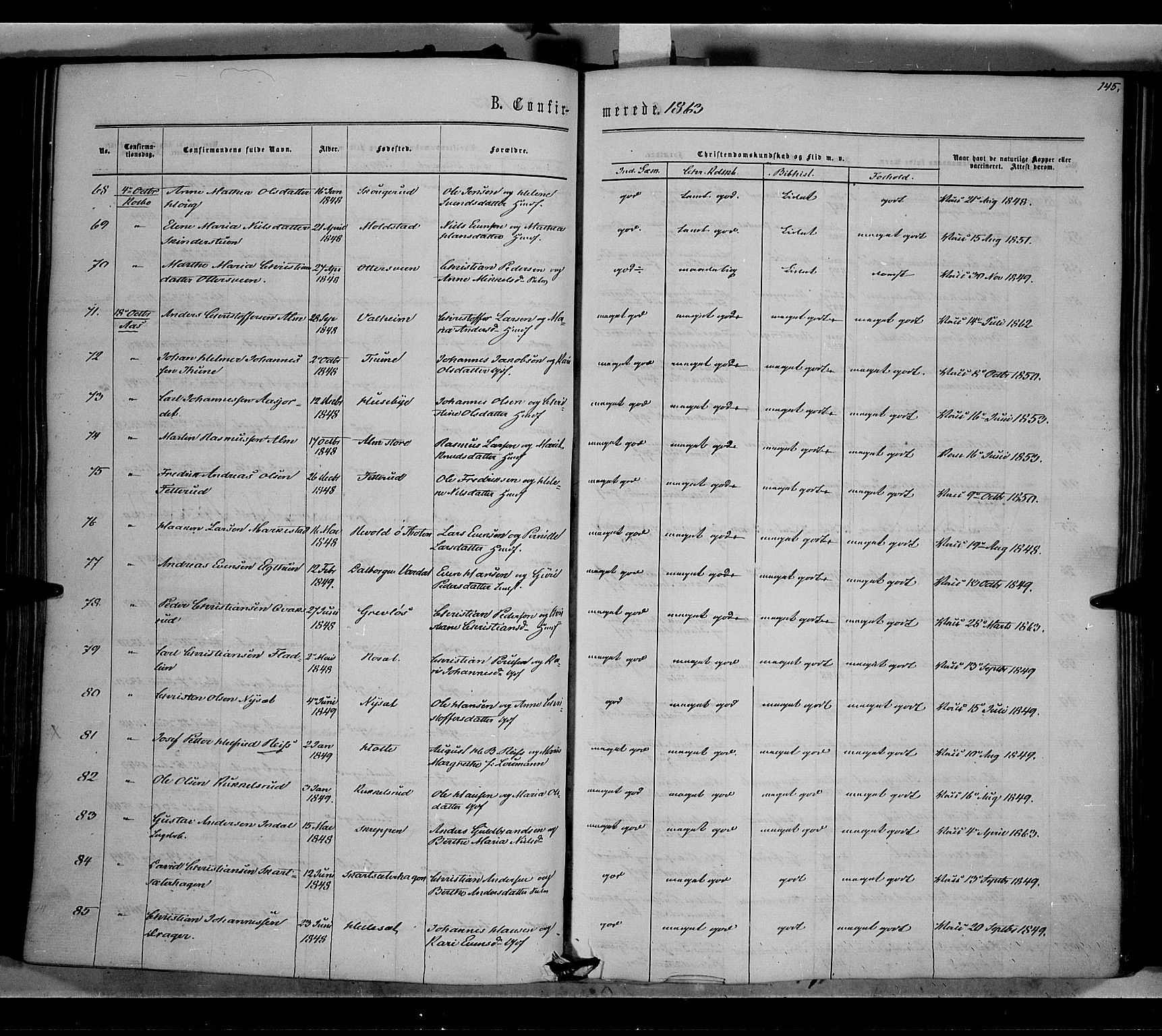 Vestre Toten prestekontor, AV/SAH-PREST-108/H/Ha/Haa/L0007: Ministerialbok nr. 7, 1862-1869, s. 145