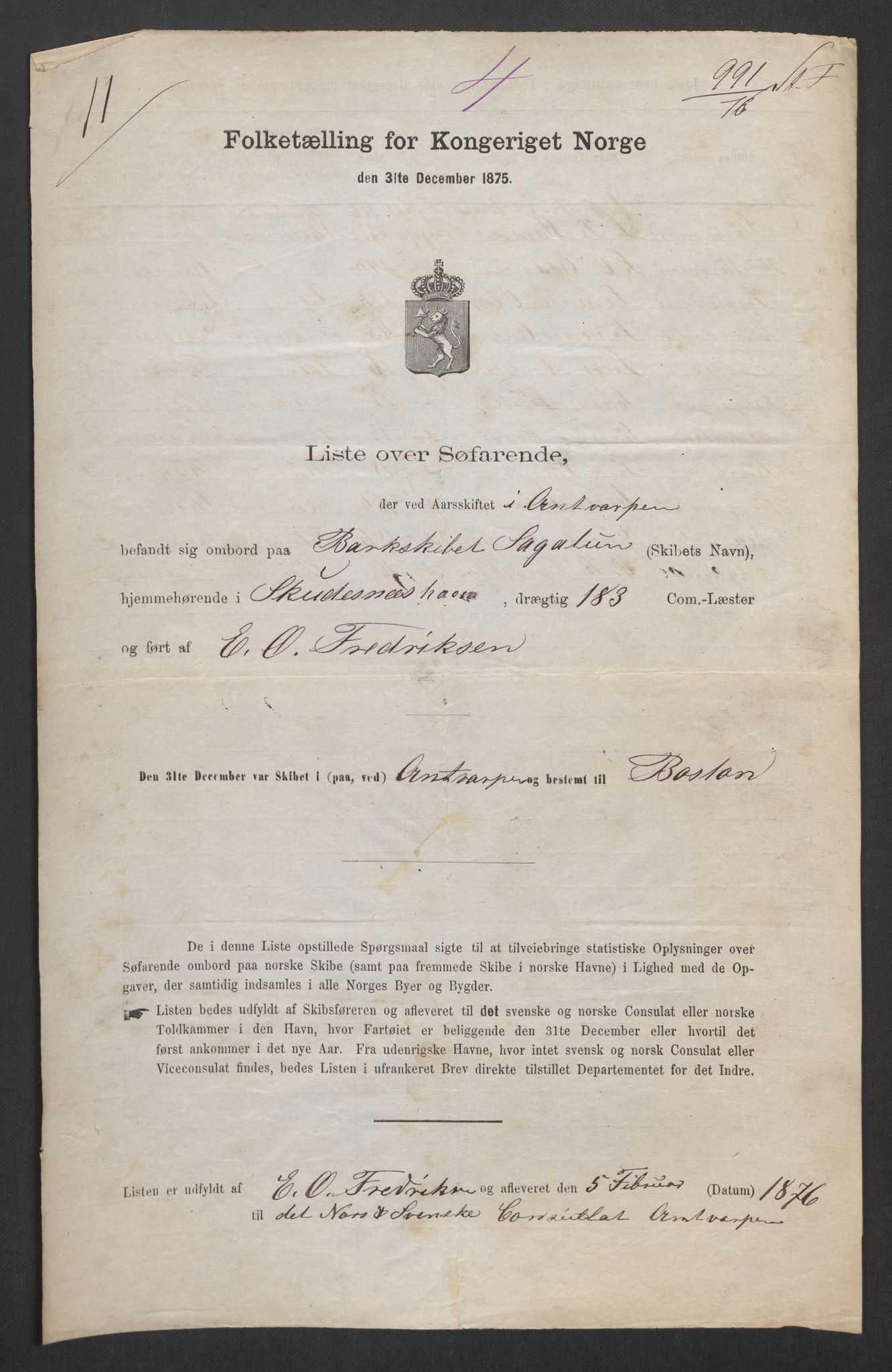 RA, Folketelling 1875, skipslister: Skip i utenrikske havner, hjemmehørende i 1) byer og ladesteder, Grimstad - Tromsø, 2) landdistrikter, 1875, s. 751