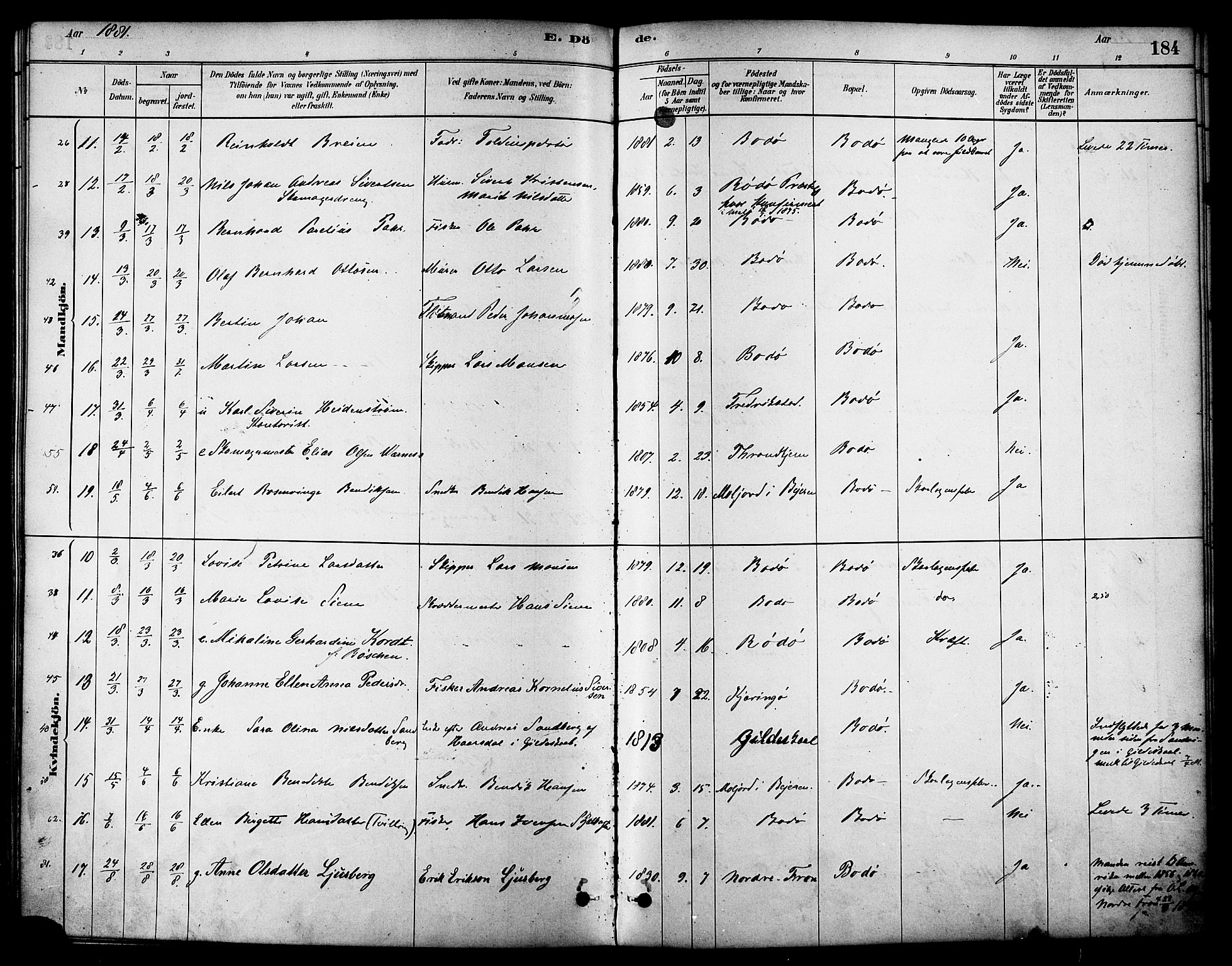 Ministerialprotokoller, klokkerbøker og fødselsregistre - Nordland, AV/SAT-A-1459/801/L0030: Klokkerbok nr. 801C05, 1879-1887, s. 184