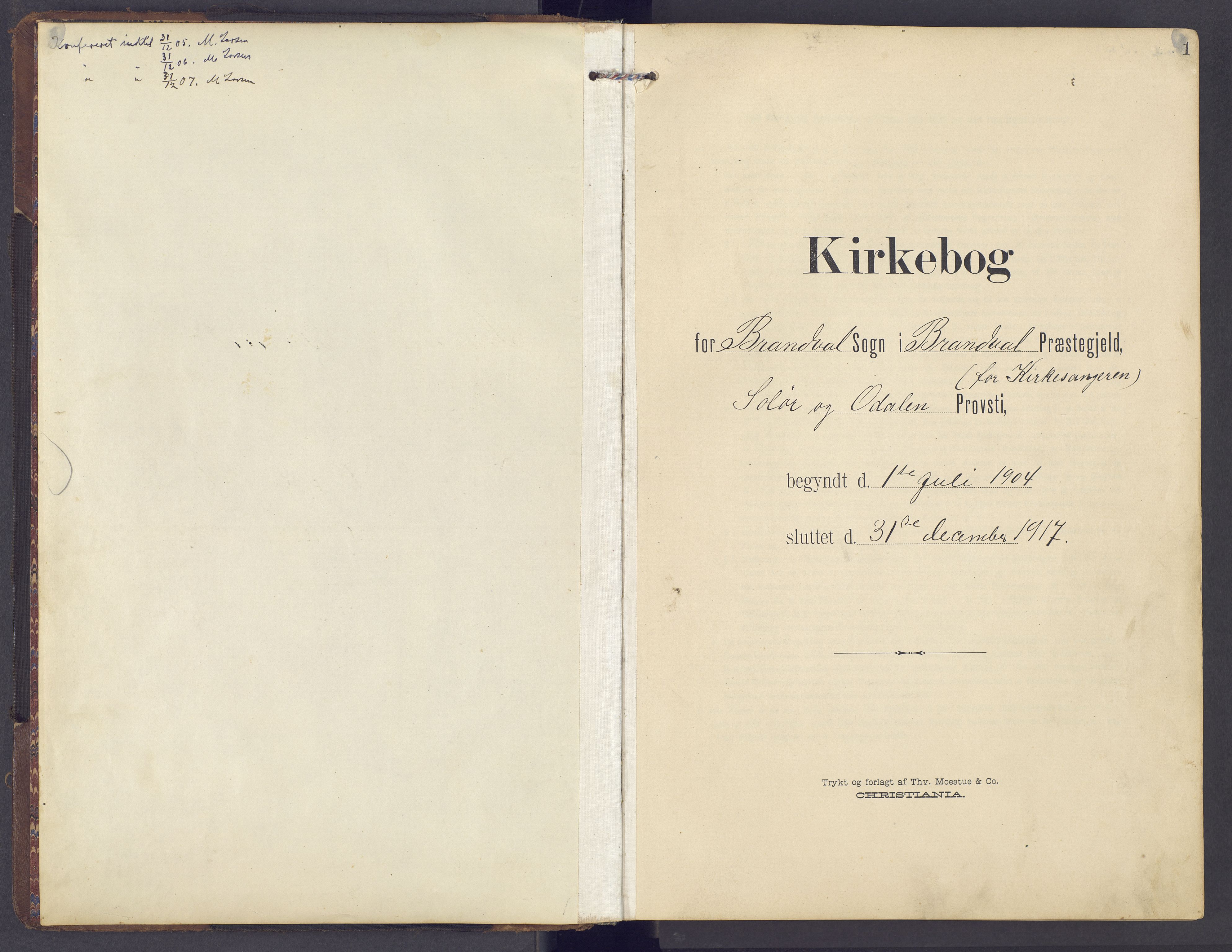 Brandval prestekontor, SAH/PREST-034/H/Ha/Hab/L0003: Klokkerbok nr. 3, 1904-1917, s. 1