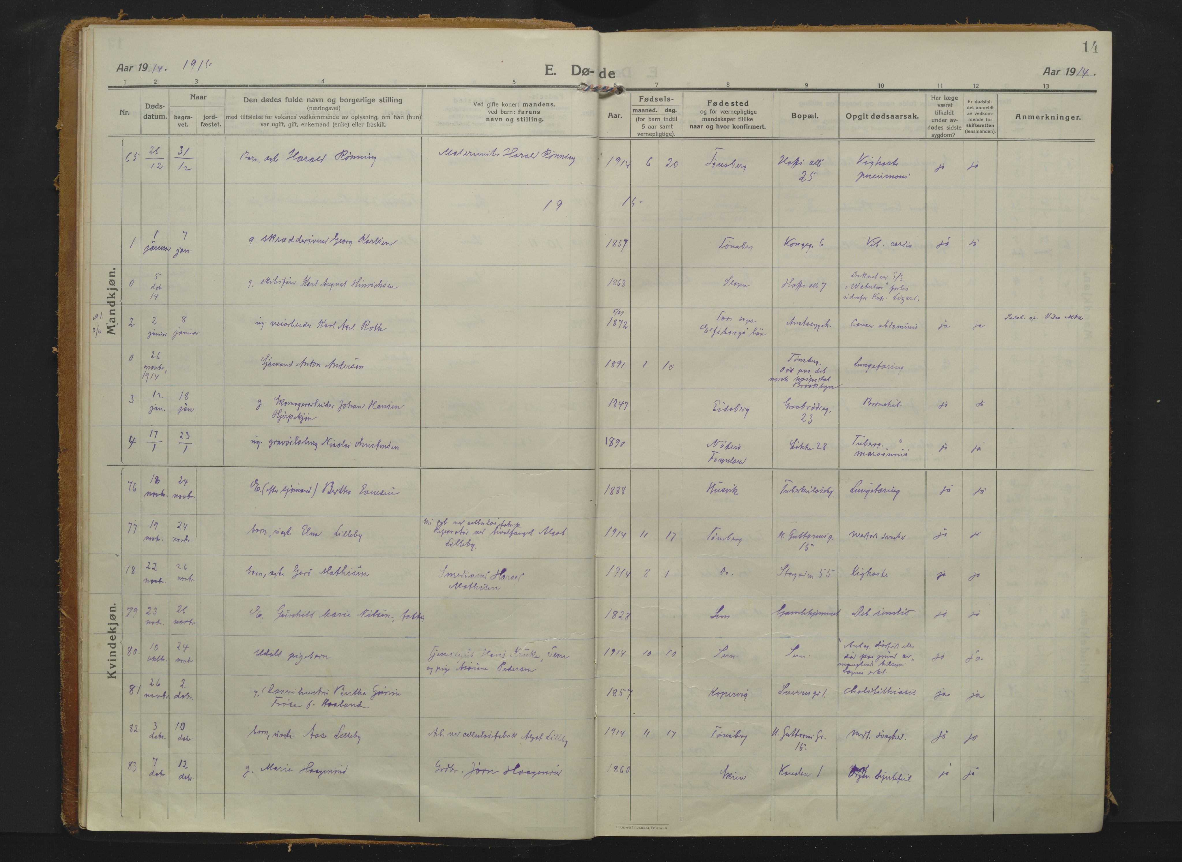 Tønsberg kirkebøker, AV/SAKO-A-330/F/Fa/L0019: Ministerialbok nr. I 19, 1914-1928, s. 14