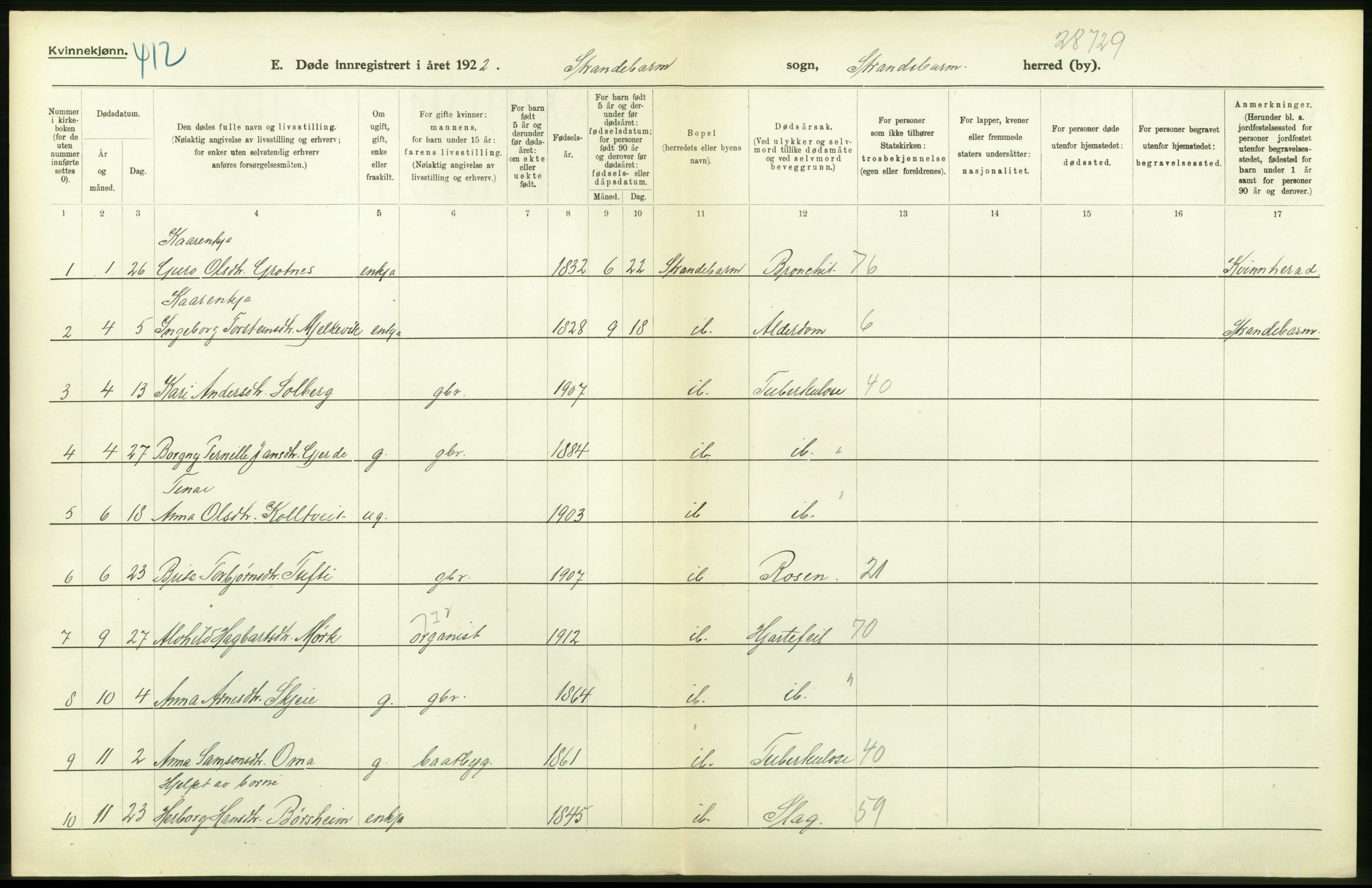 Statistisk sentralbyrå, Sosiodemografiske emner, Befolkning, AV/RA-S-2228/D/Df/Dfc/Dfcb/L0028: Hordaland fylke: Døde, dødfødte. Bygder., 1922, s. 6