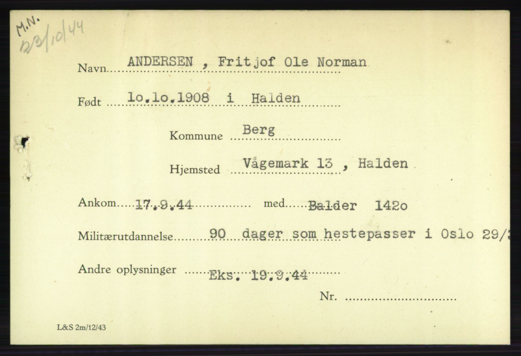 Forsvarets Overkommando. 2. kontor. Arkiv 8.1. Mottakersentralen FDE og FO.II, RA/RAFA-6952/P/Pa/L0001: AA/Å - Andvig , 1940-1945, s. 456