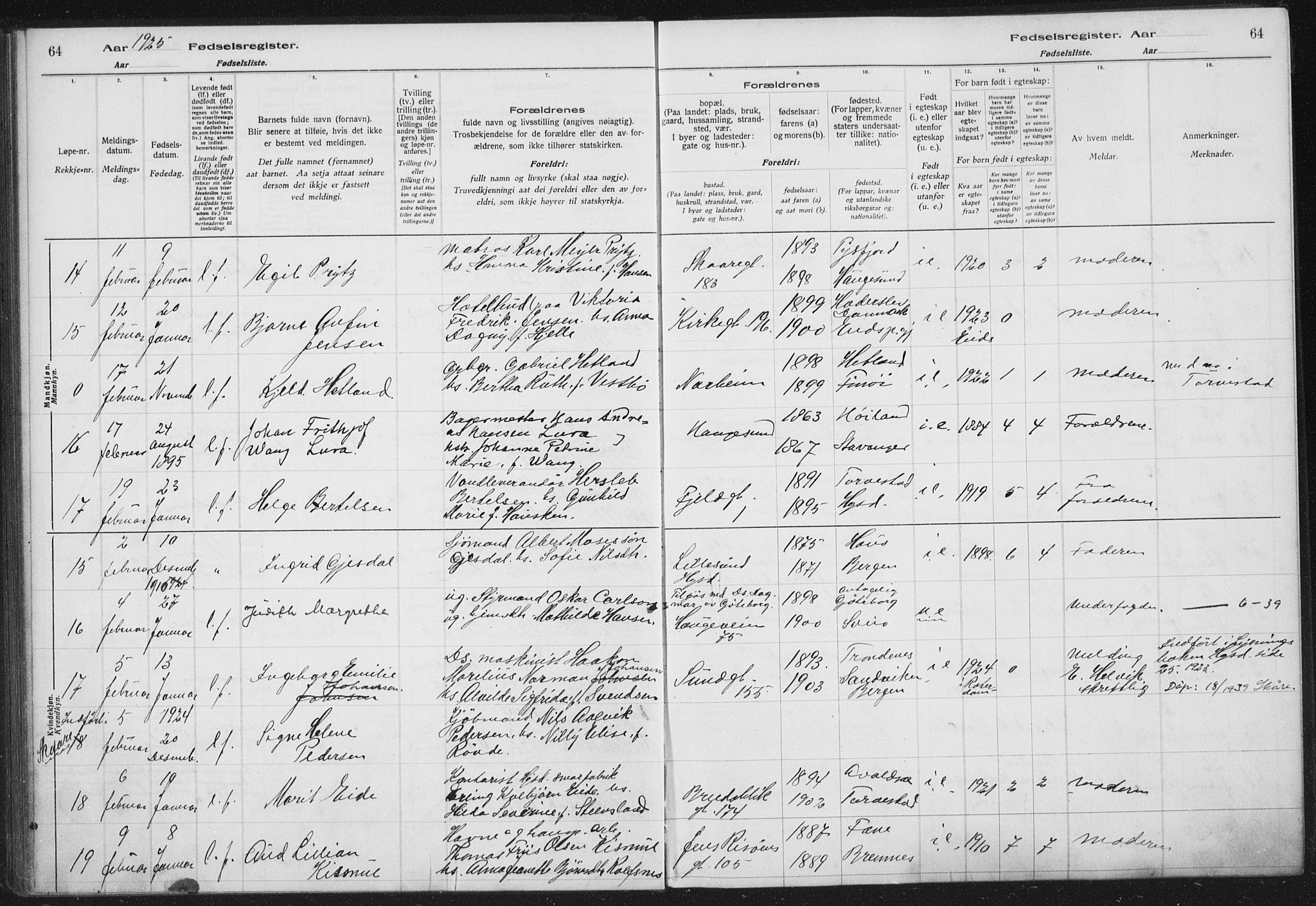 Haugesund sokneprestkontor, AV/SAST-A -101863/I/Id/L0005: Fødselsregister nr. 3, 1923-1929, s. 64