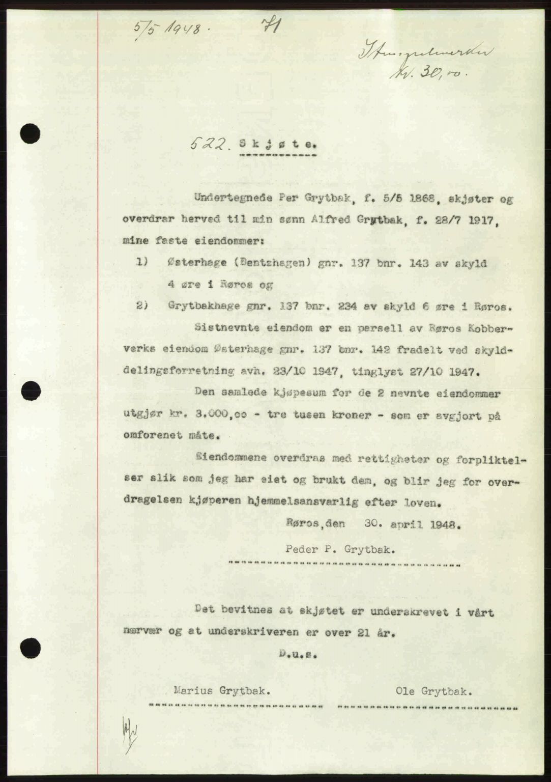 Gauldal sorenskriveri, SAT/A-0014/1/2/2C: Pantebok nr. A5, 1947-1948, Dagboknr: 522/1948