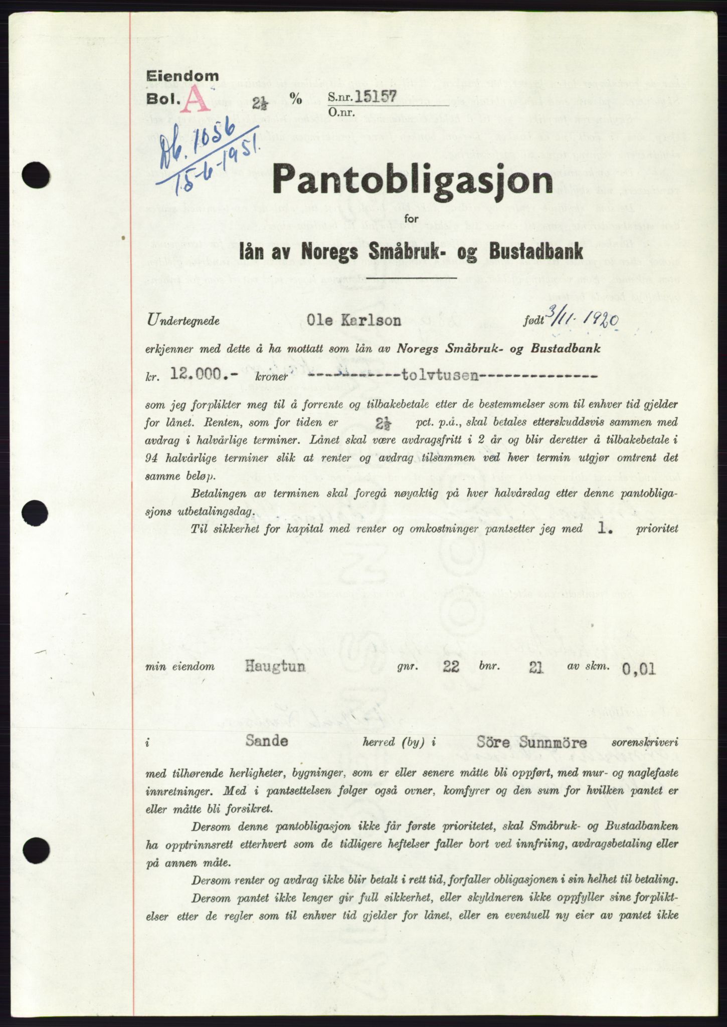 Søre Sunnmøre sorenskriveri, AV/SAT-A-4122/1/2/2C/L0120: Pantebok nr. 8B, 1951-1951, Dagboknr: 1056/1951