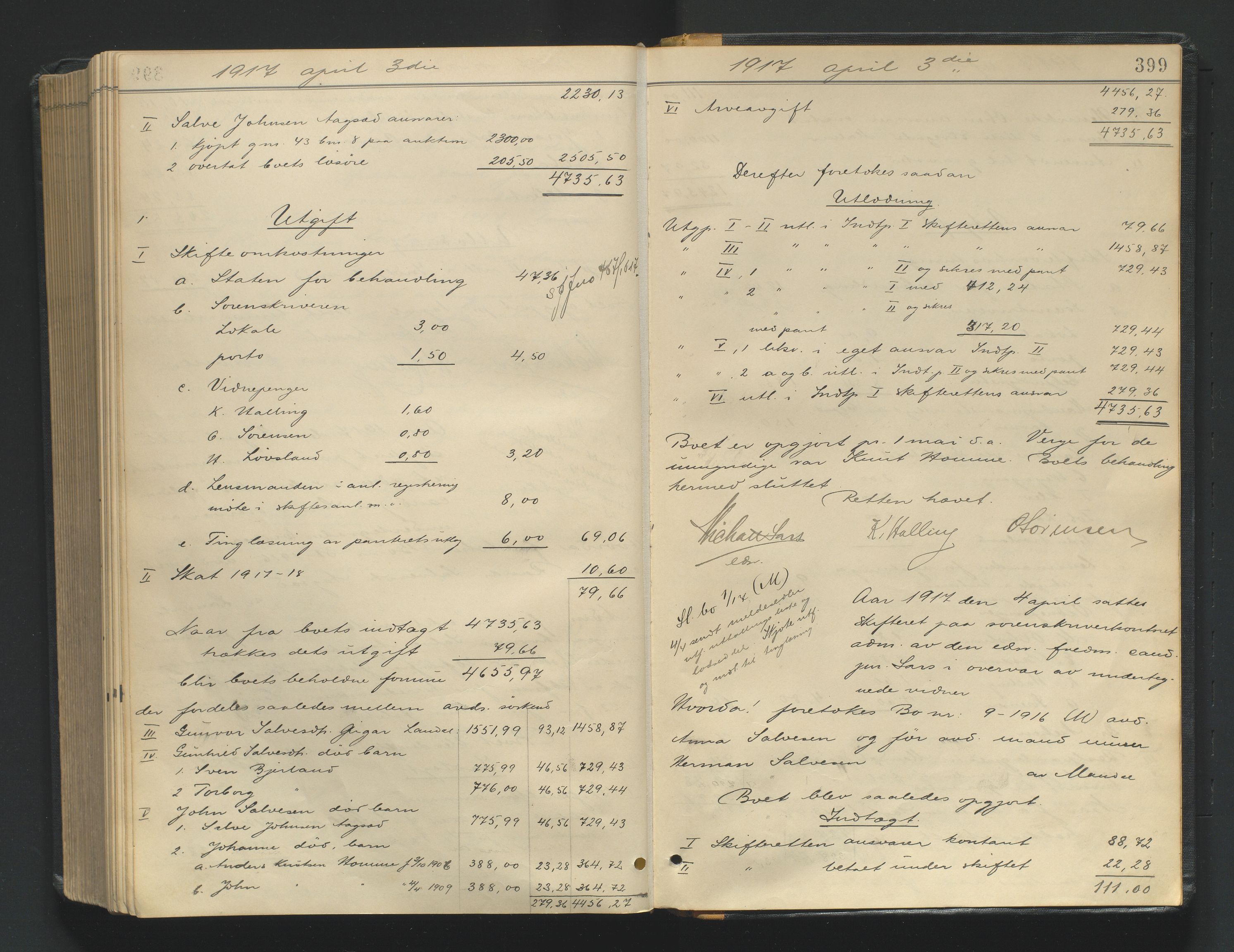 Mandal sorenskriveri, SAK/1221-0005/001/H/Hc/L0098: Skifteutlodningsprotokoll nr 7, 1910-1917, s. 399
