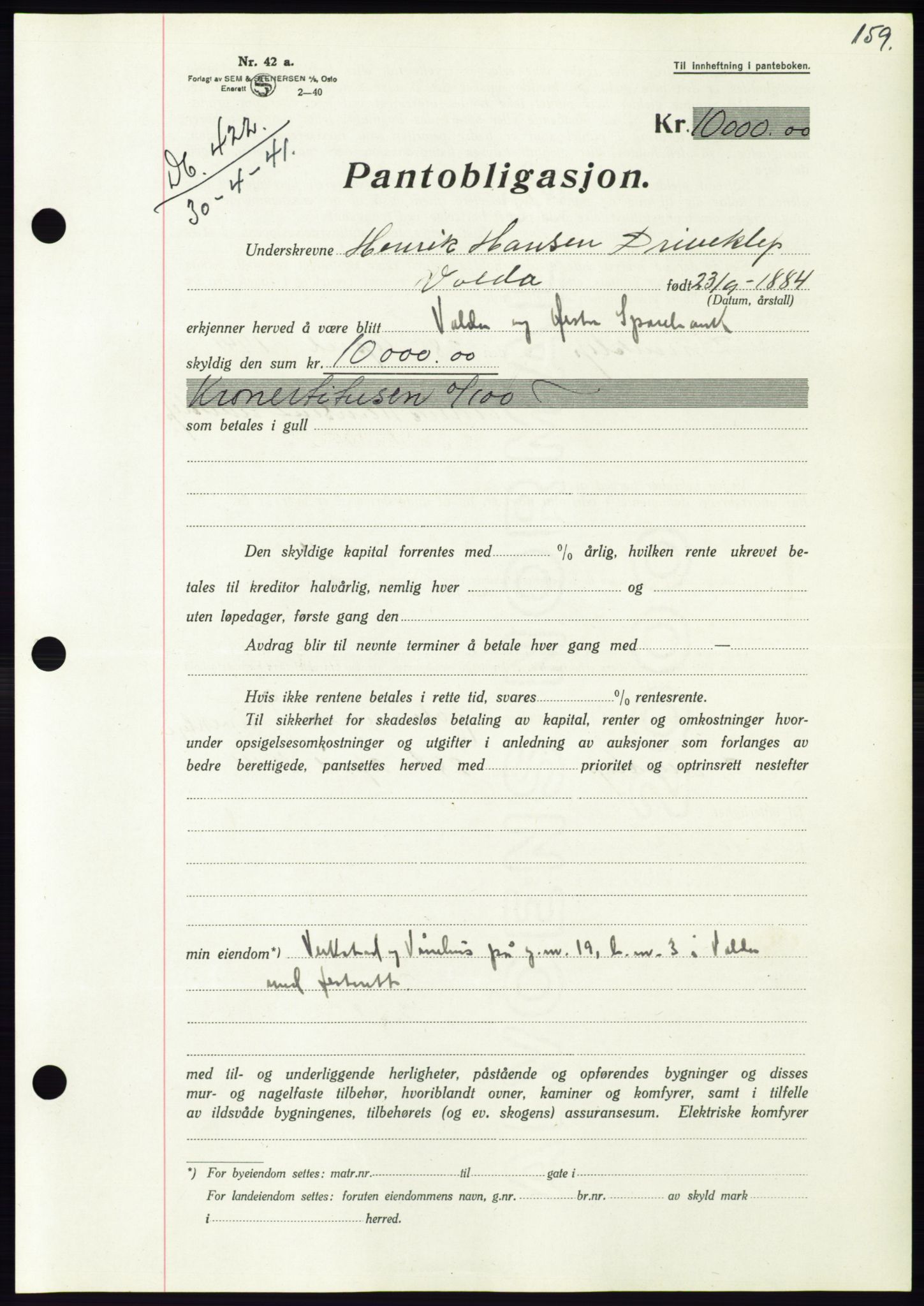 Søre Sunnmøre sorenskriveri, AV/SAT-A-4122/1/2/2C/L0071: Pantebok nr. 65, 1941-1941, Dagboknr: 422/1941