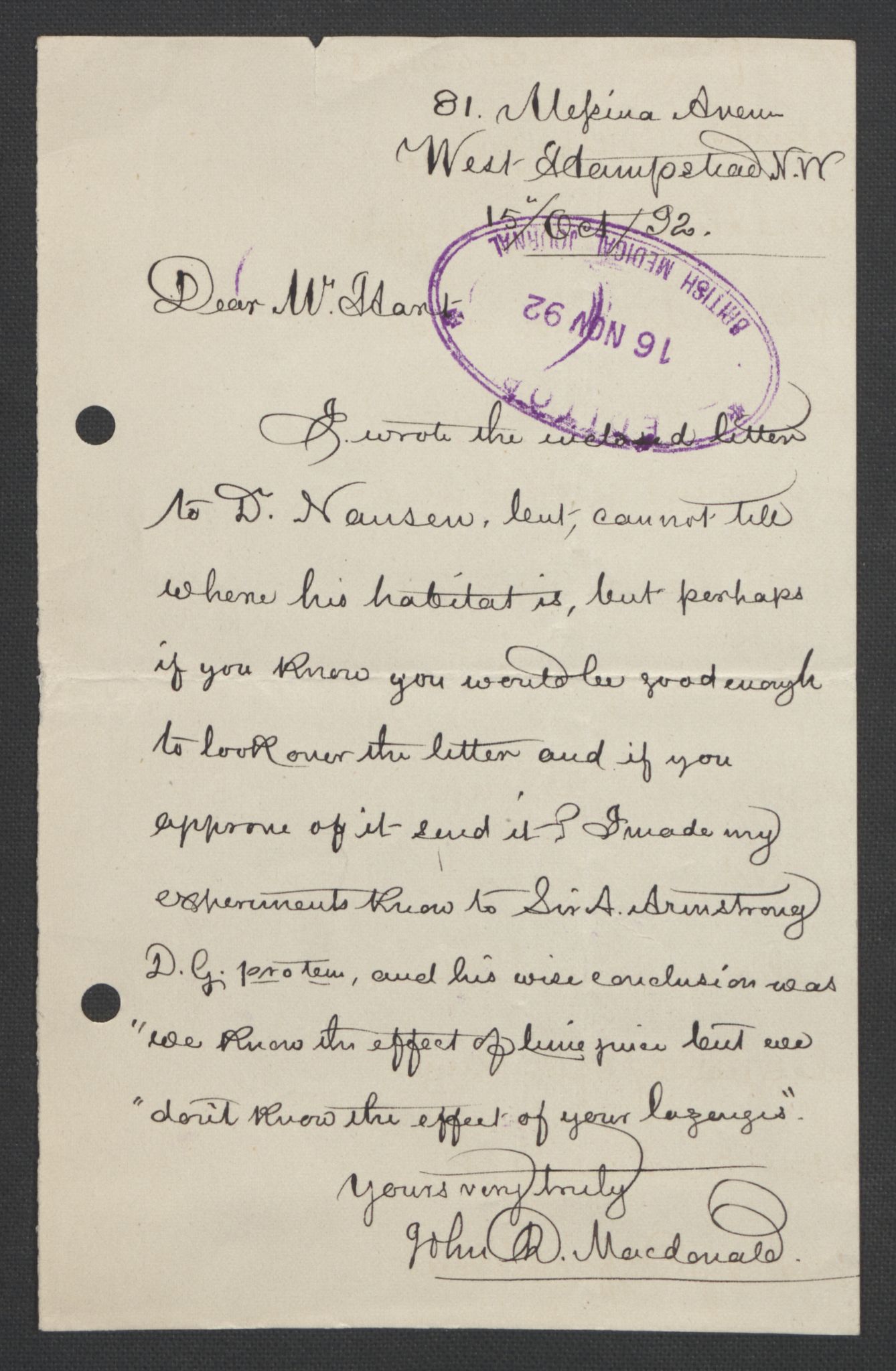 Arbeidskomitéen for Fridtjof Nansens polarekspedisjon, AV/RA-PA-0061/D/L0004: Innk. brev og telegrammer vedr. proviant og utrustning, 1892-1893, s. 361