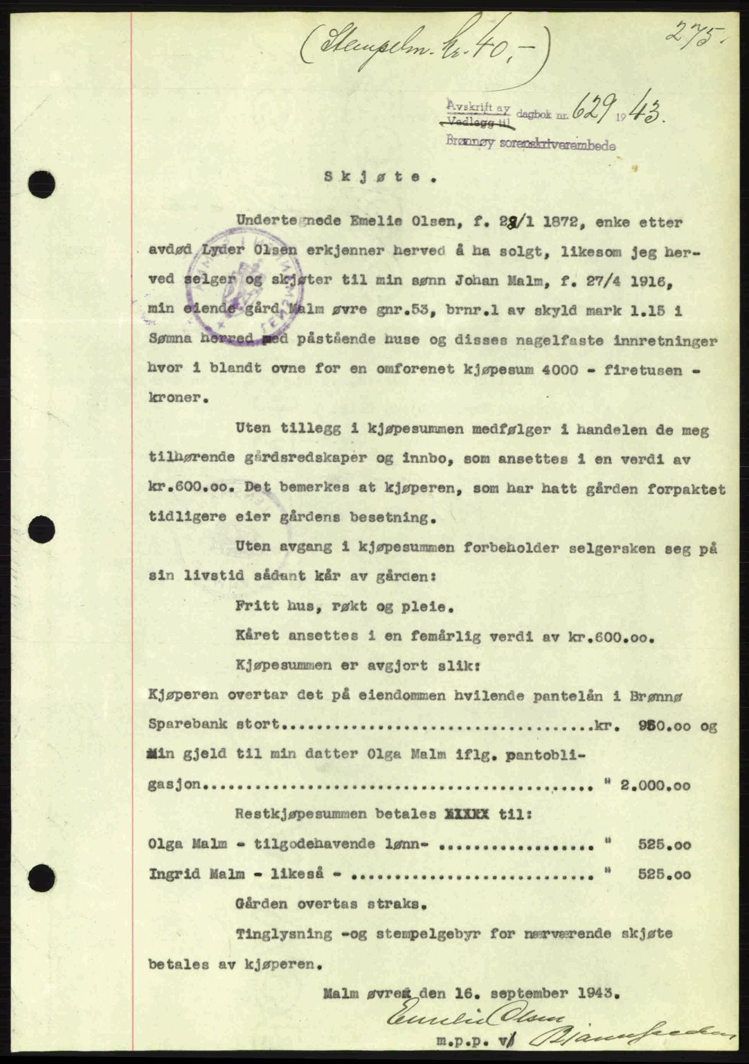 Brønnøy sorenskriveri, SAT/A-4170/1/2/2C: Pantebok nr. 23, 1943-1944, Dagboknr: 629/1943