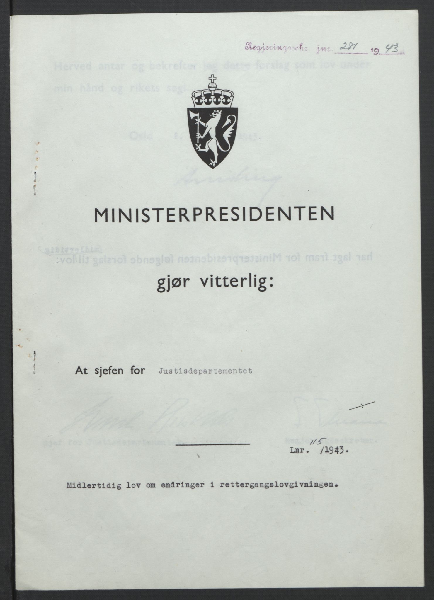 NS-administrasjonen 1940-1945 (Statsrådsekretariatet, de kommisariske statsråder mm), RA/S-4279/D/Db/L0099: Lover, 1943, s. 536