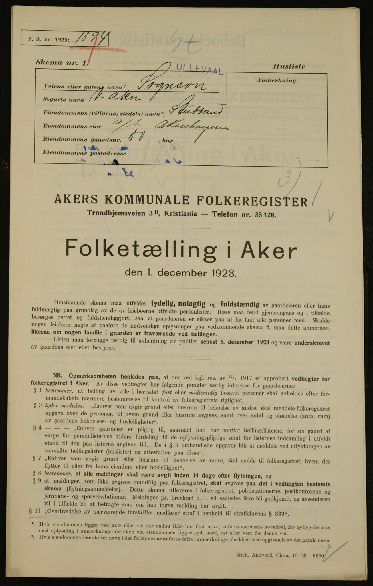 , Kommunal folketelling 1.12.1923 for Aker, 1923, s. 17893