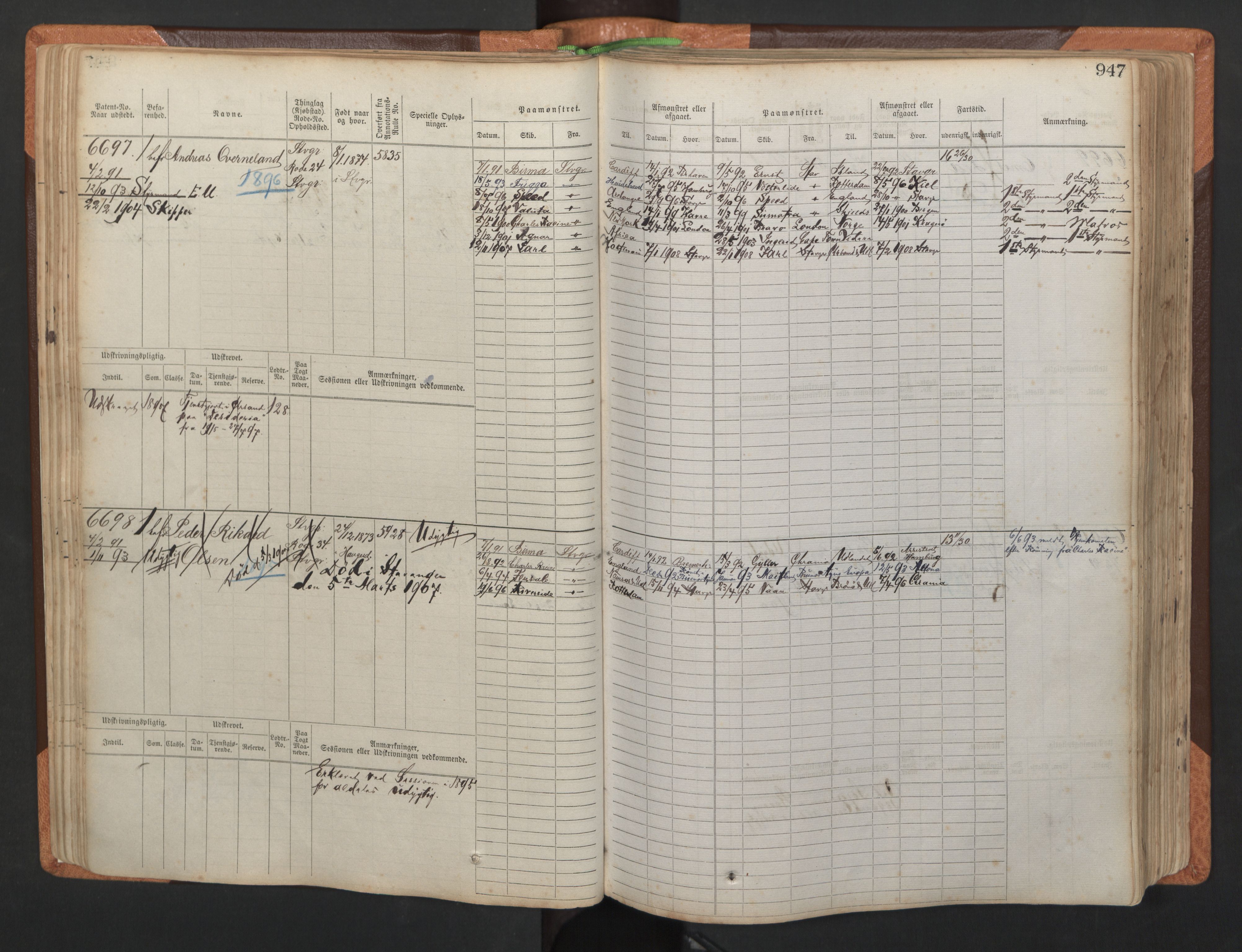 Stavanger sjømannskontor, AV/SAST-A-102006/F/Fb/Fbb/L0011: Sjøfartshovedrulle, patentnr. 6607-7206 (del 2), 1887-1896, s. 50