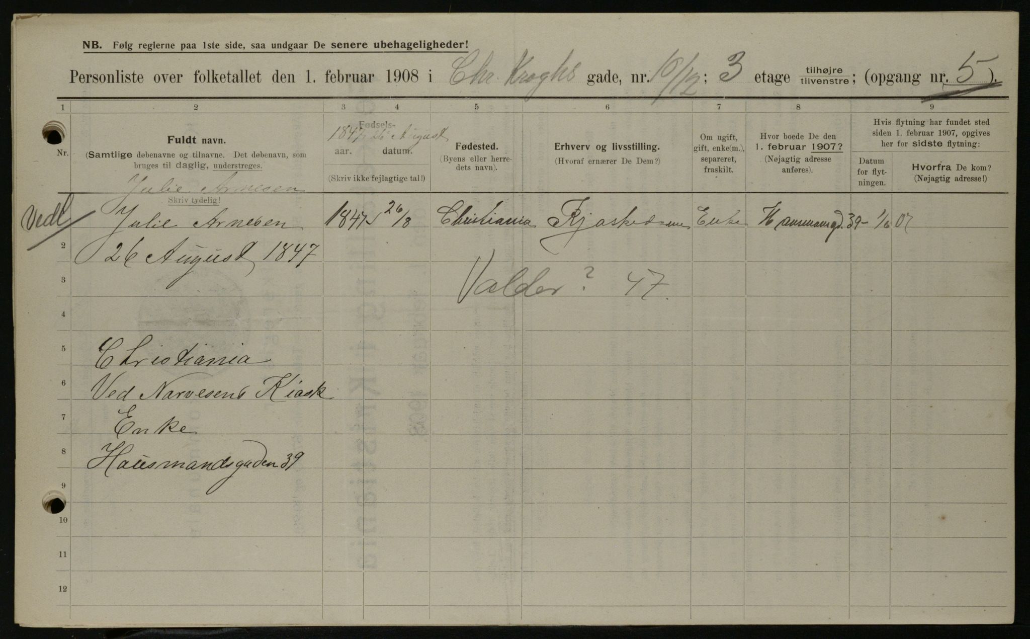OBA, Kommunal folketelling 1.2.1908 for Kristiania kjøpstad, 1908, s. 11046