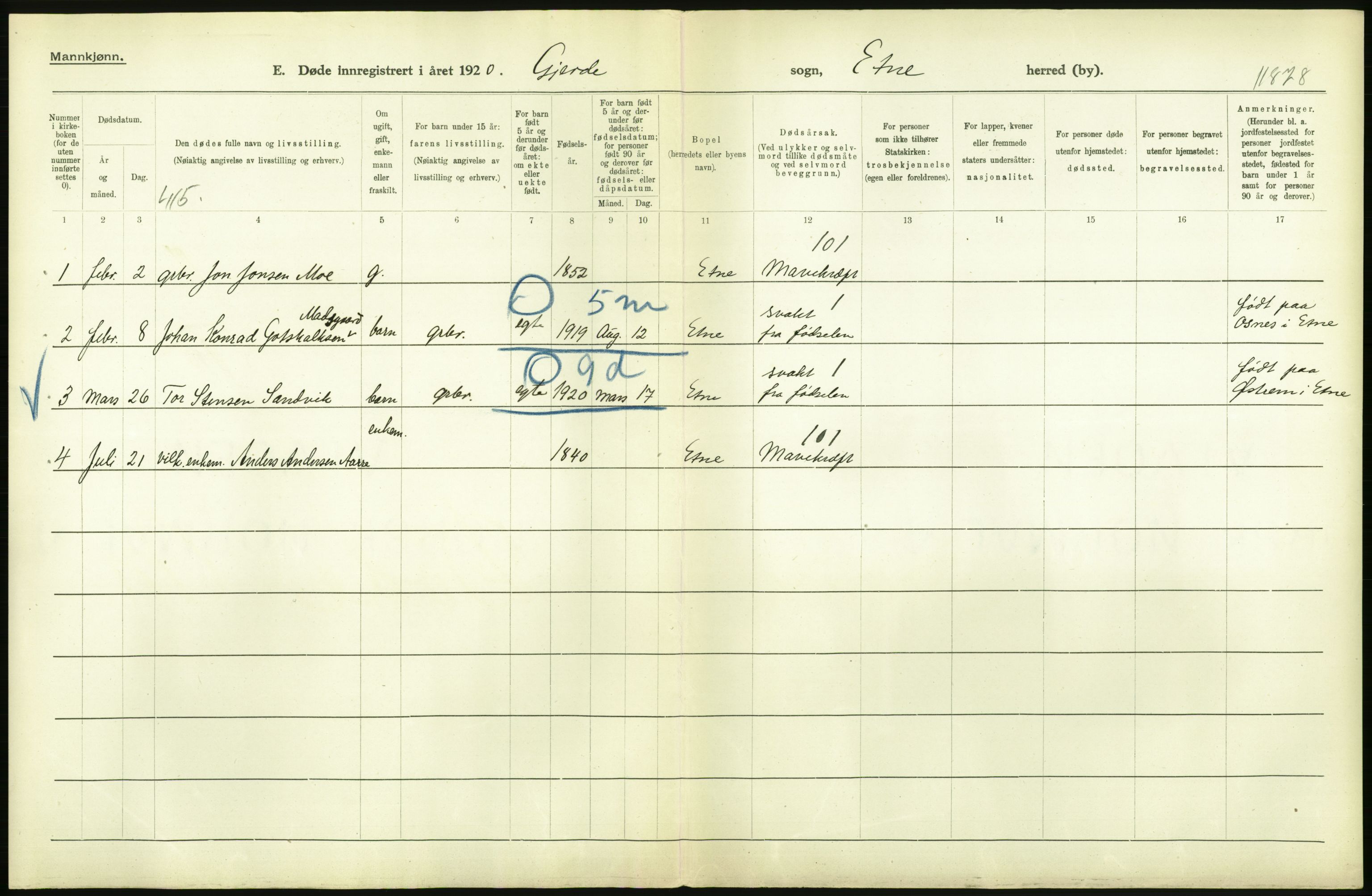 Statistisk sentralbyrå, Sosiodemografiske emner, Befolkning, AV/RA-S-2228/D/Df/Dfb/Dfbj/L0040: Hordaland fylke: Døde. Bygder., 1920, s. 24