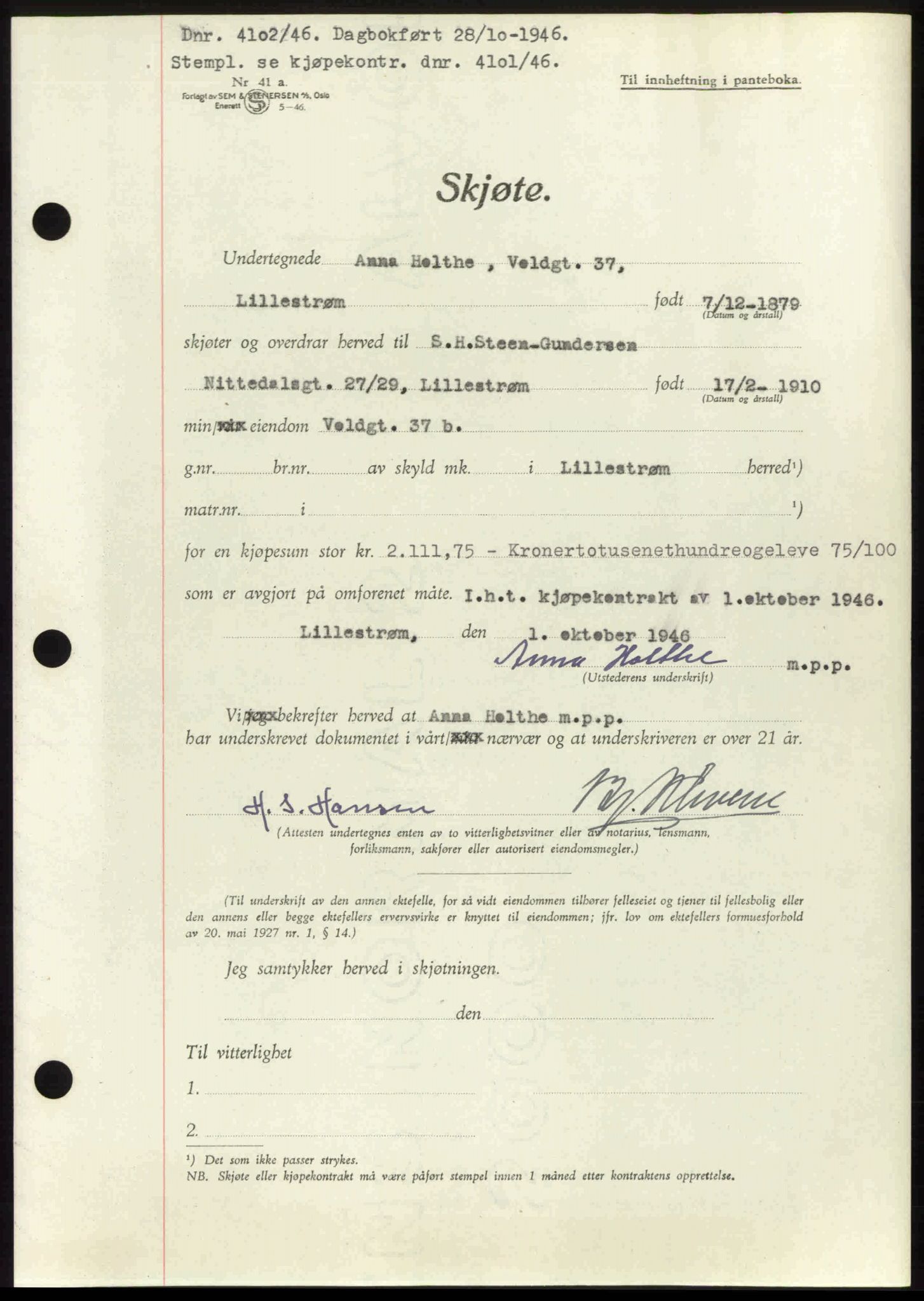 Nedre Romerike sorenskriveri, AV/SAO-A-10469/G/Gb/Gbd/L0017: Pantebok nr. 17, 1946-1946, Dagboknr: 4102/1946