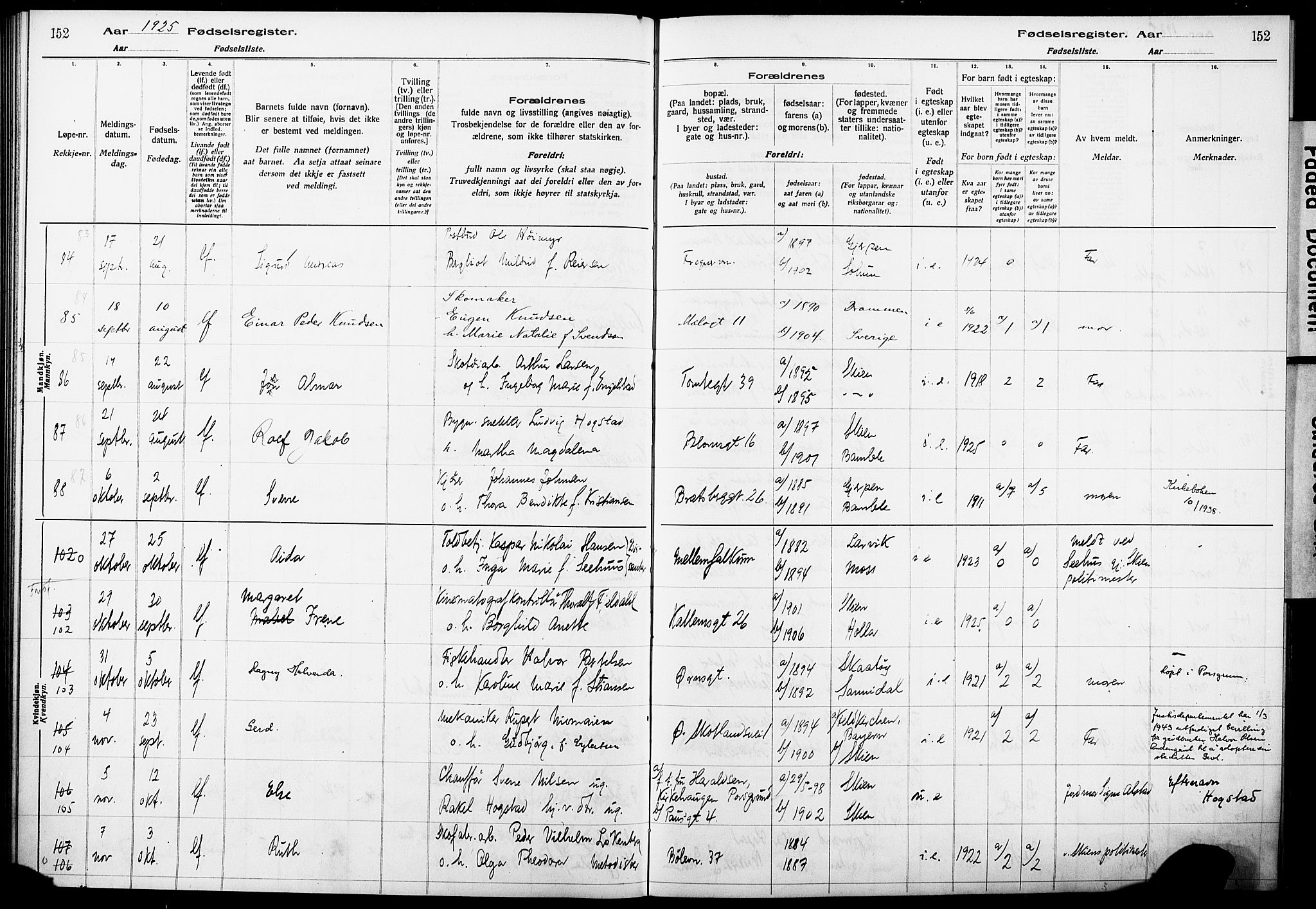 Skien kirkebøker, AV/SAKO-A-302/J/Ja/L0002: Fødselsregister nr. 2, 1921-1927, s. 152