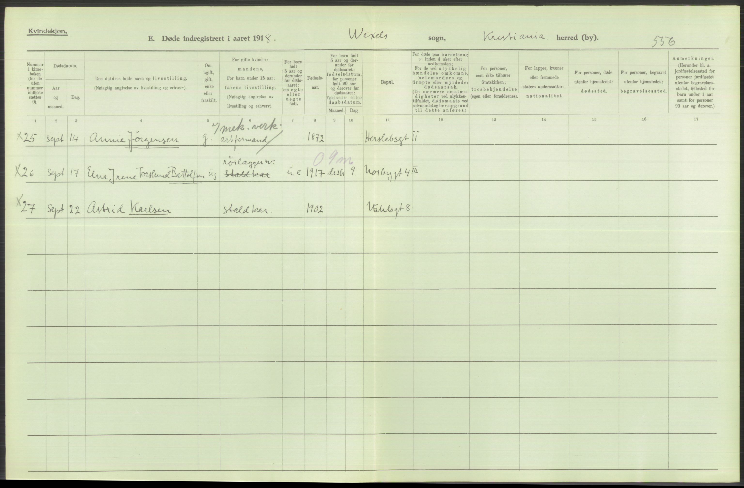 Statistisk sentralbyrå, Sosiodemografiske emner, Befolkning, AV/RA-S-2228/D/Df/Dfb/Dfbh/L0011: Kristiania: Døde, dødfødte, 1918, s. 432