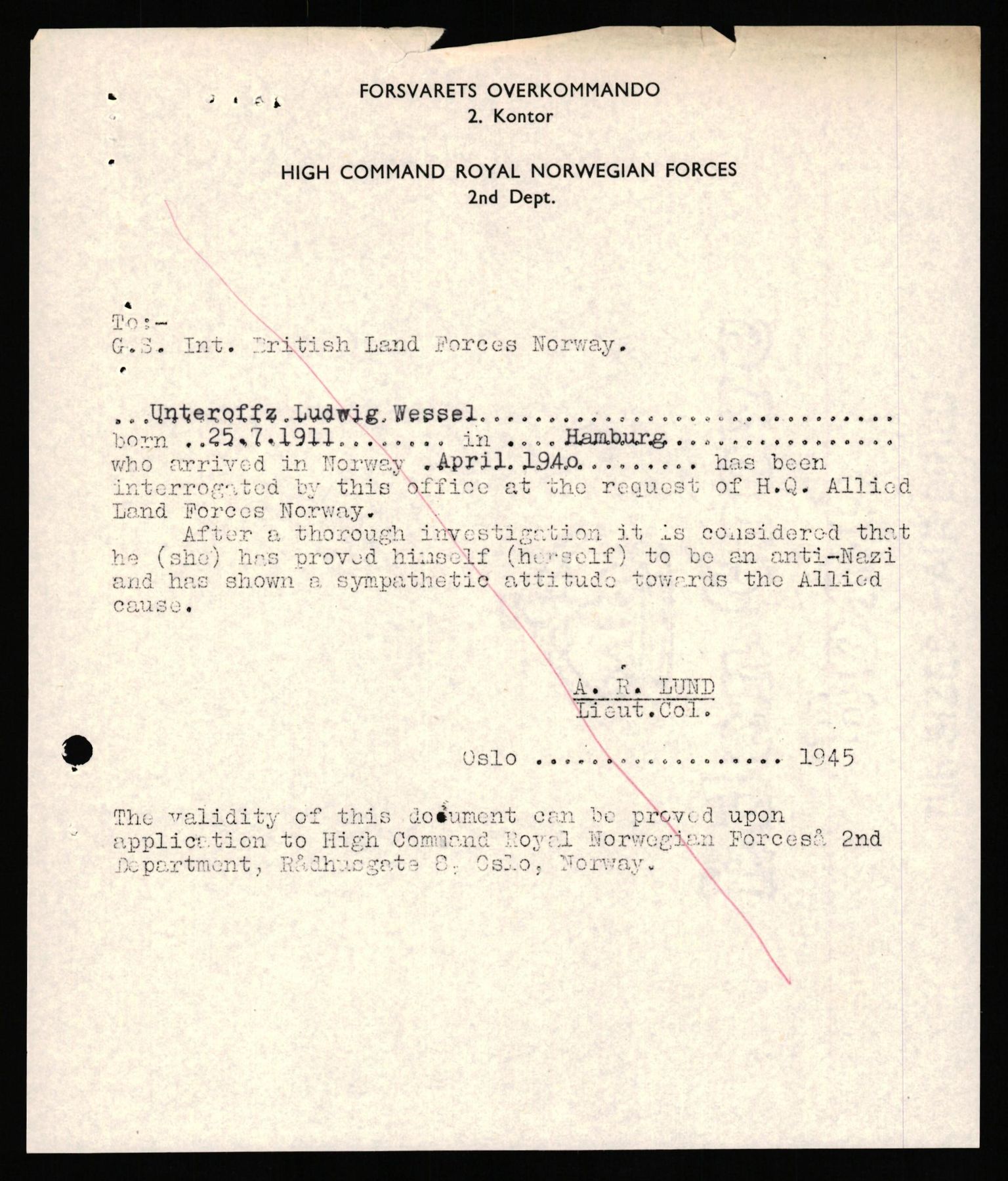 Forsvaret, Forsvarets overkommando II, RA/RAFA-3915/D/Db/L0035: CI Questionaires. Tyske okkupasjonsstyrker i Norge. Tyskere., 1945-1946, s. 441