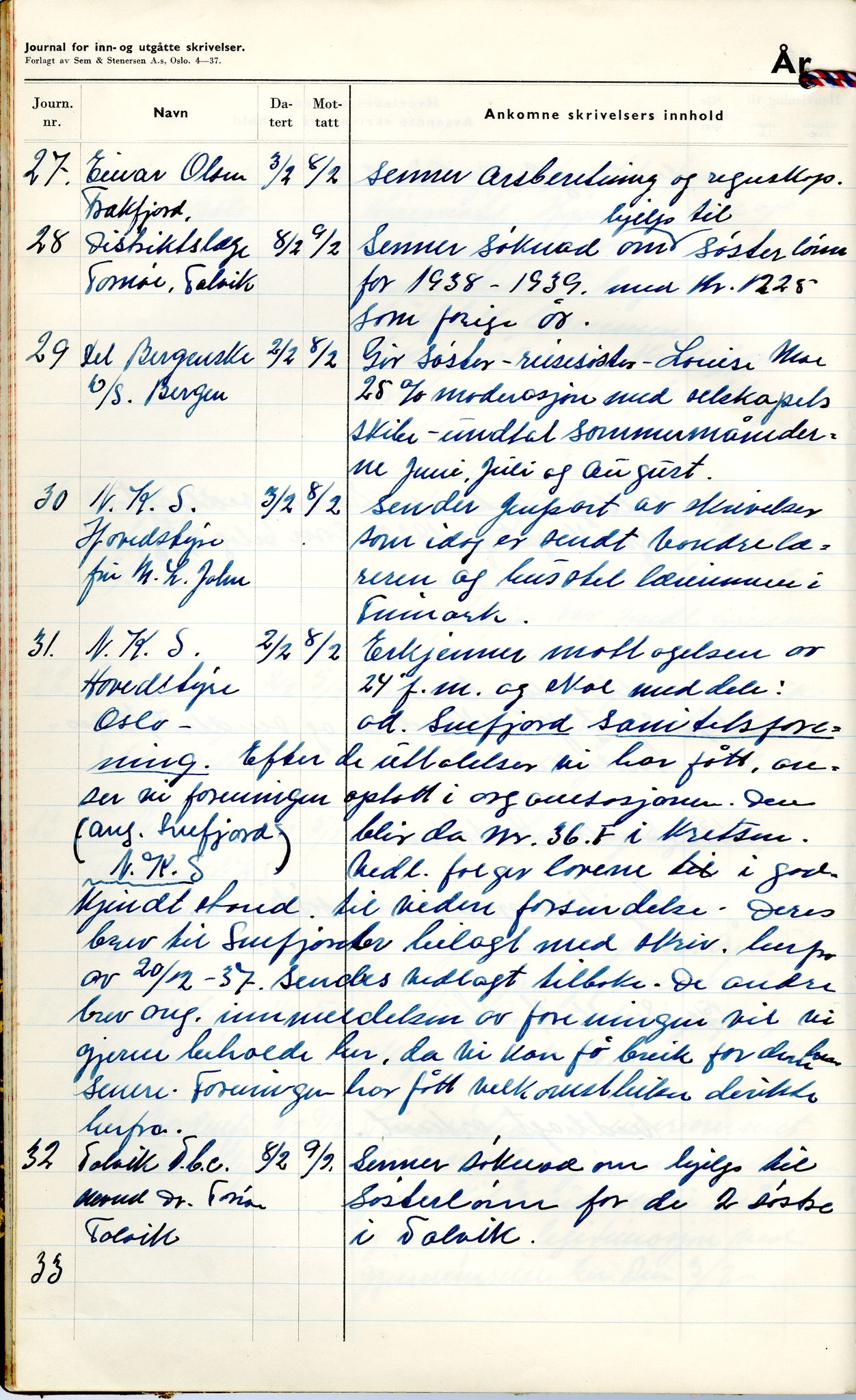 Norske Kvinners Sanitetsforening Finnmark , FMFB/A-1006/C/L0008: Journal for inn- og utgåtte brev, 1938-1944