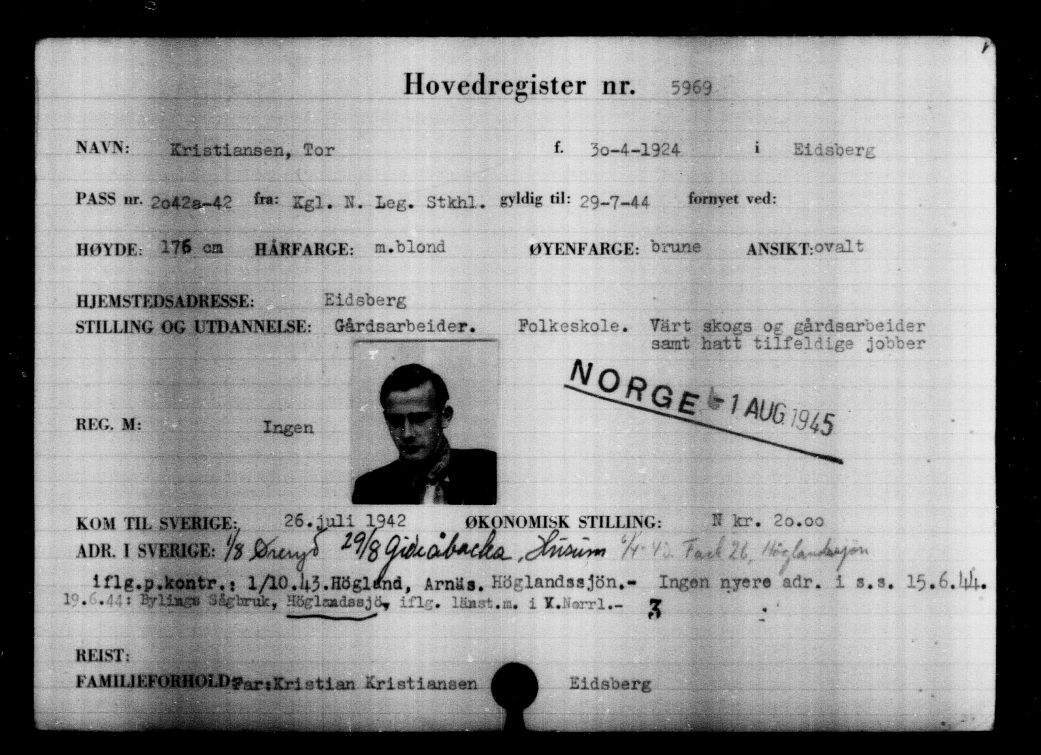 Utenriksstasjonene, Legasjonen i Stockholm, Flyktningkontoret, AV/RA-S-6753/V/Va/L0004: Kjesäterkartoteket, flyktninger med registreringsnr. 3496-6610, 1940-1945, s. 2888