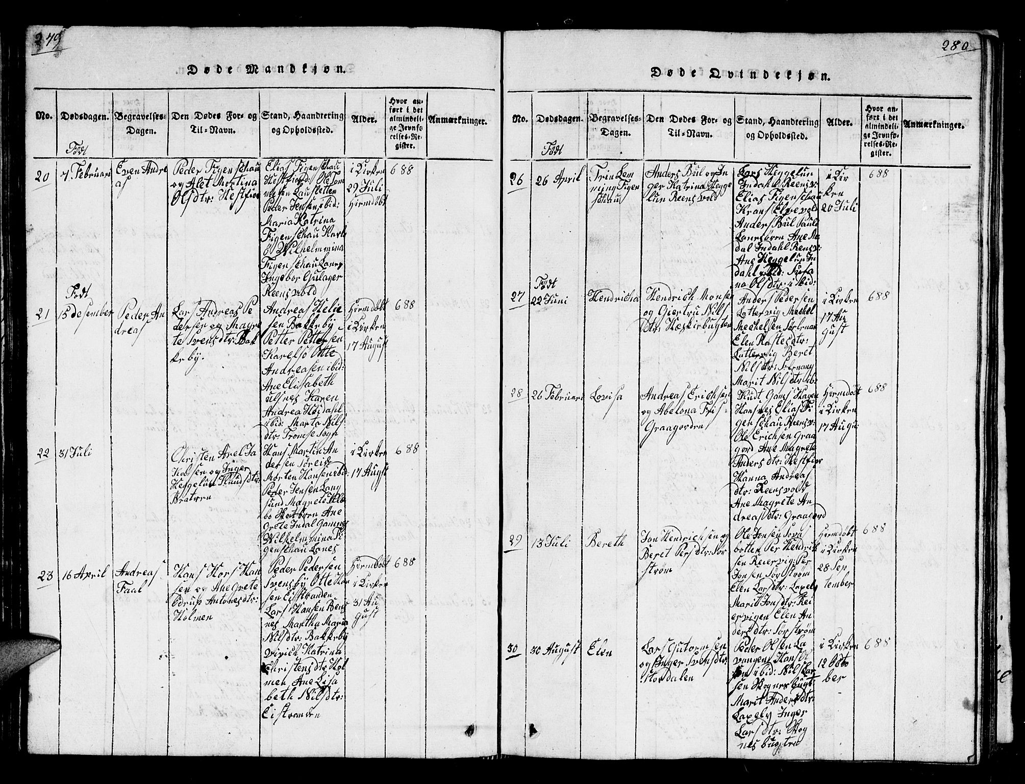 Karlsøy sokneprestembete, AV/SATØ-S-1299/H/Ha/Hab/L0001klokker: Klokkerbok nr. 1, 1821-1840, s. 279-280