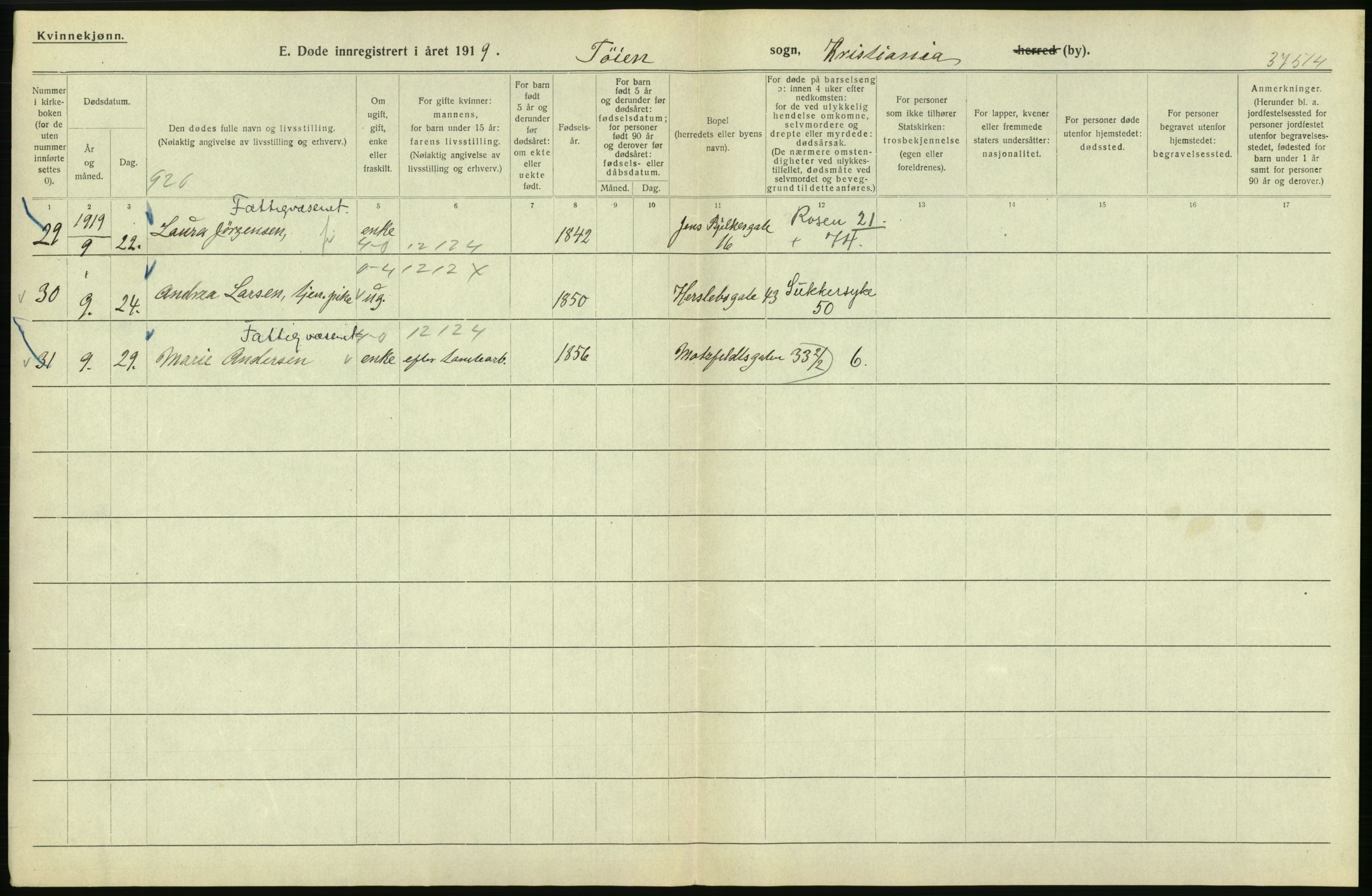 Statistisk sentralbyrå, Sosiodemografiske emner, Befolkning, RA/S-2228/D/Df/Dfb/Dfbi/L0010: Kristiania: Døde, 1919, s. 446