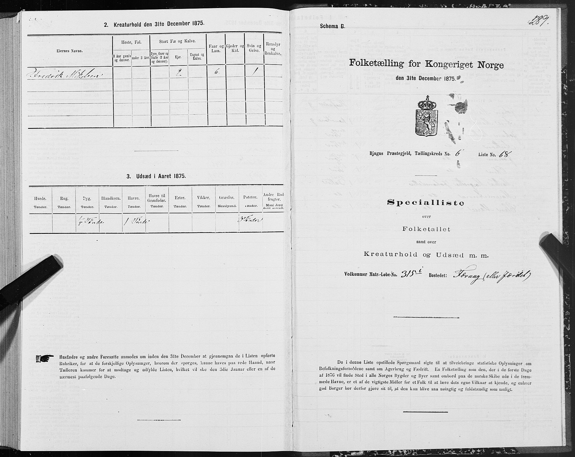 SAT, Folketelling 1875 for 1627P Bjugn prestegjeld, 1875, s. 3289