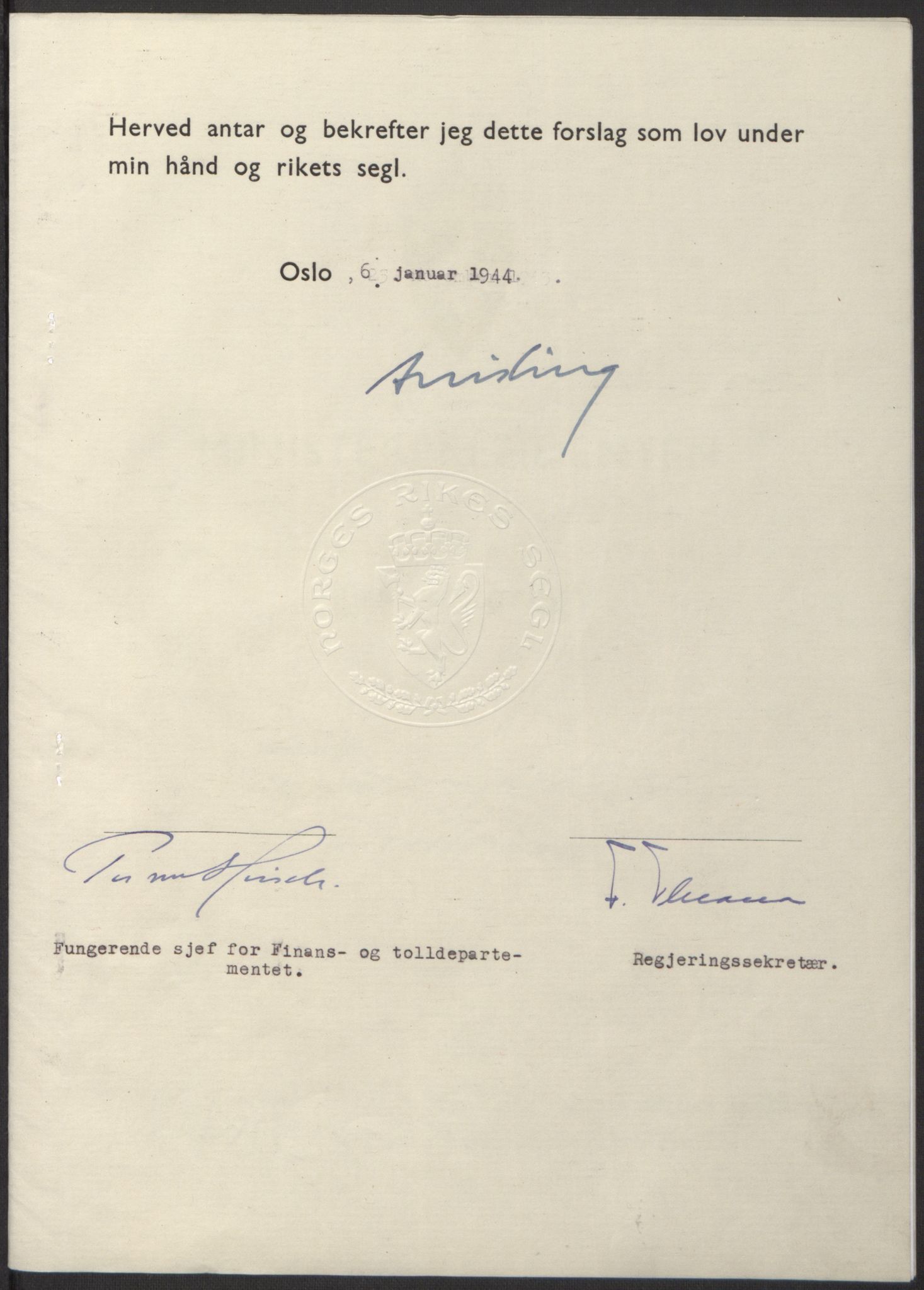 NS-administrasjonen 1940-1945 (Statsrådsekretariatet, de kommisariske statsråder mm), RA/S-4279/D/Db/L0100: Lover, 1944, s. 16