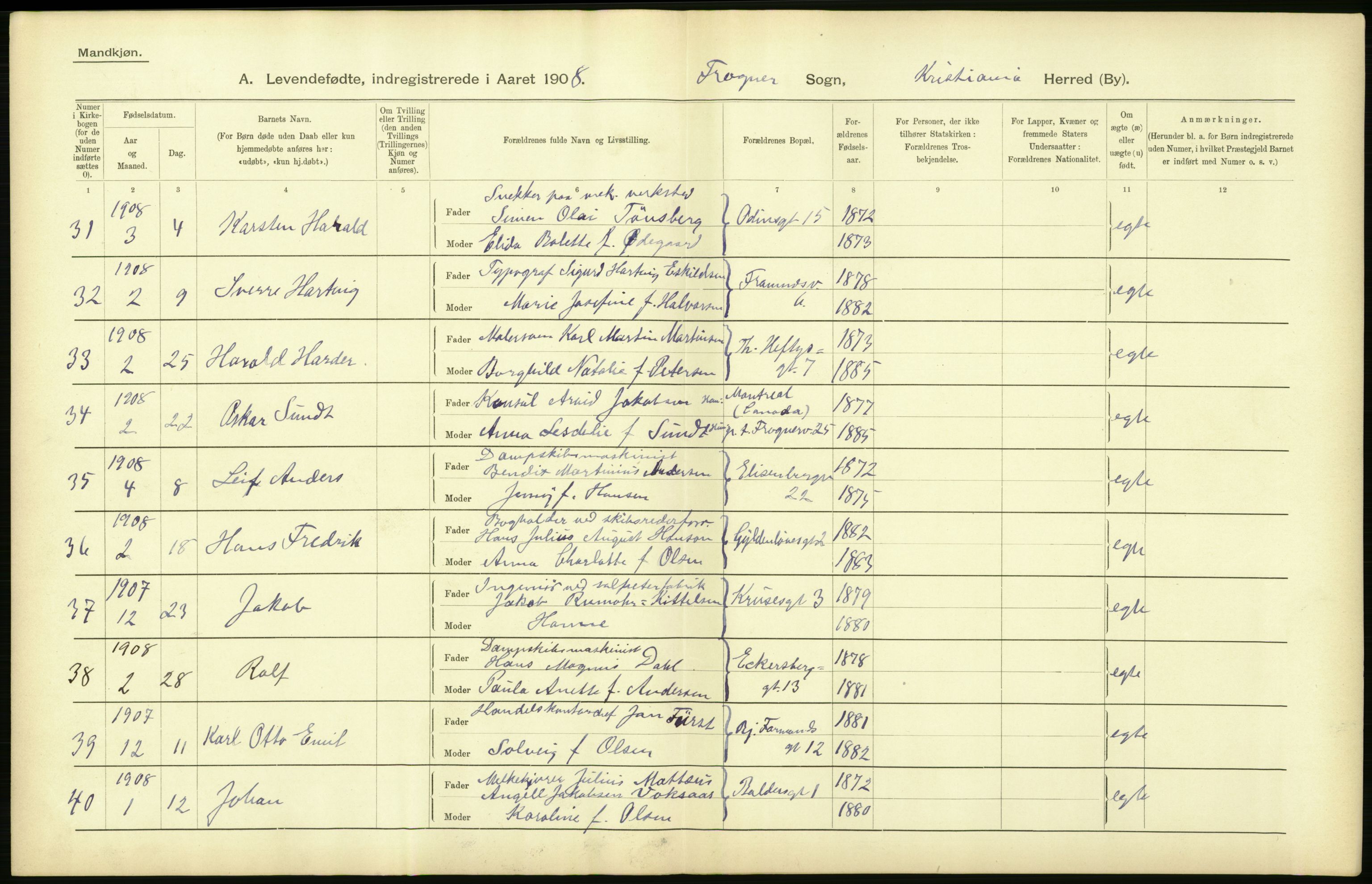 Statistisk sentralbyrå, Sosiodemografiske emner, Befolkning, AV/RA-S-2228/D/Df/Dfa/Dfaf/L0005: Kristiania: Levendefødte menn og kvinner., 1908, s. 554