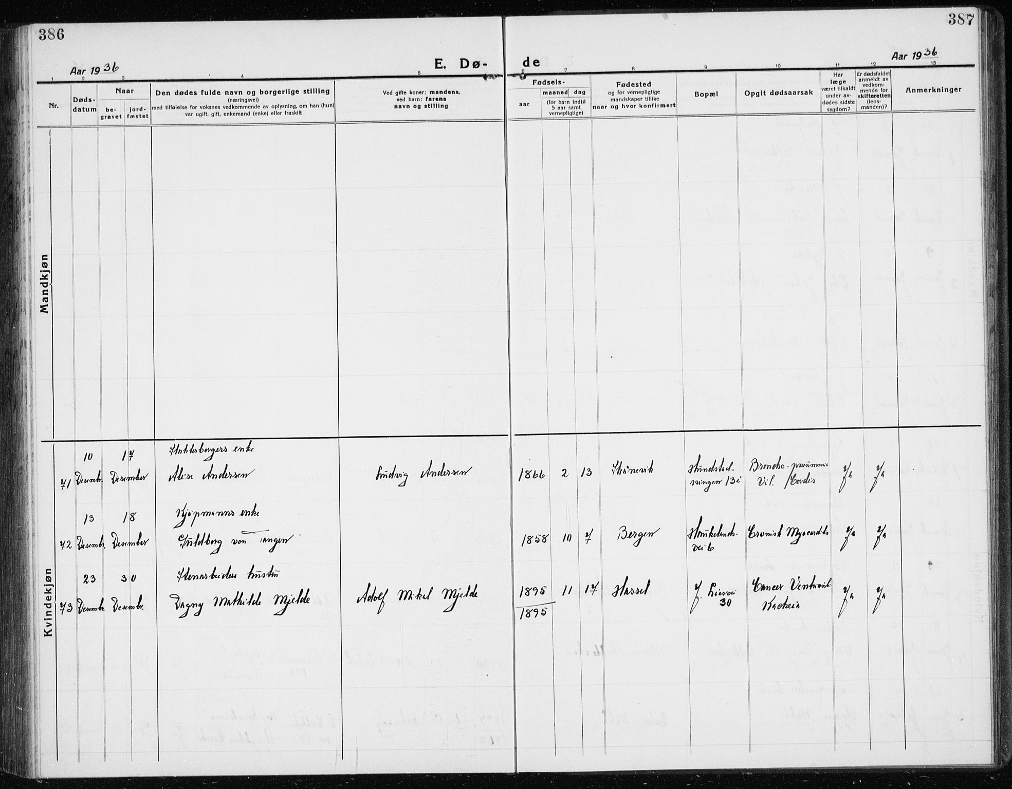 Årstad Sokneprestembete, AV/SAB-A-79301/H/Hab/L0025: Klokkerbok nr. D 2, 1922-1940, s. 386-387