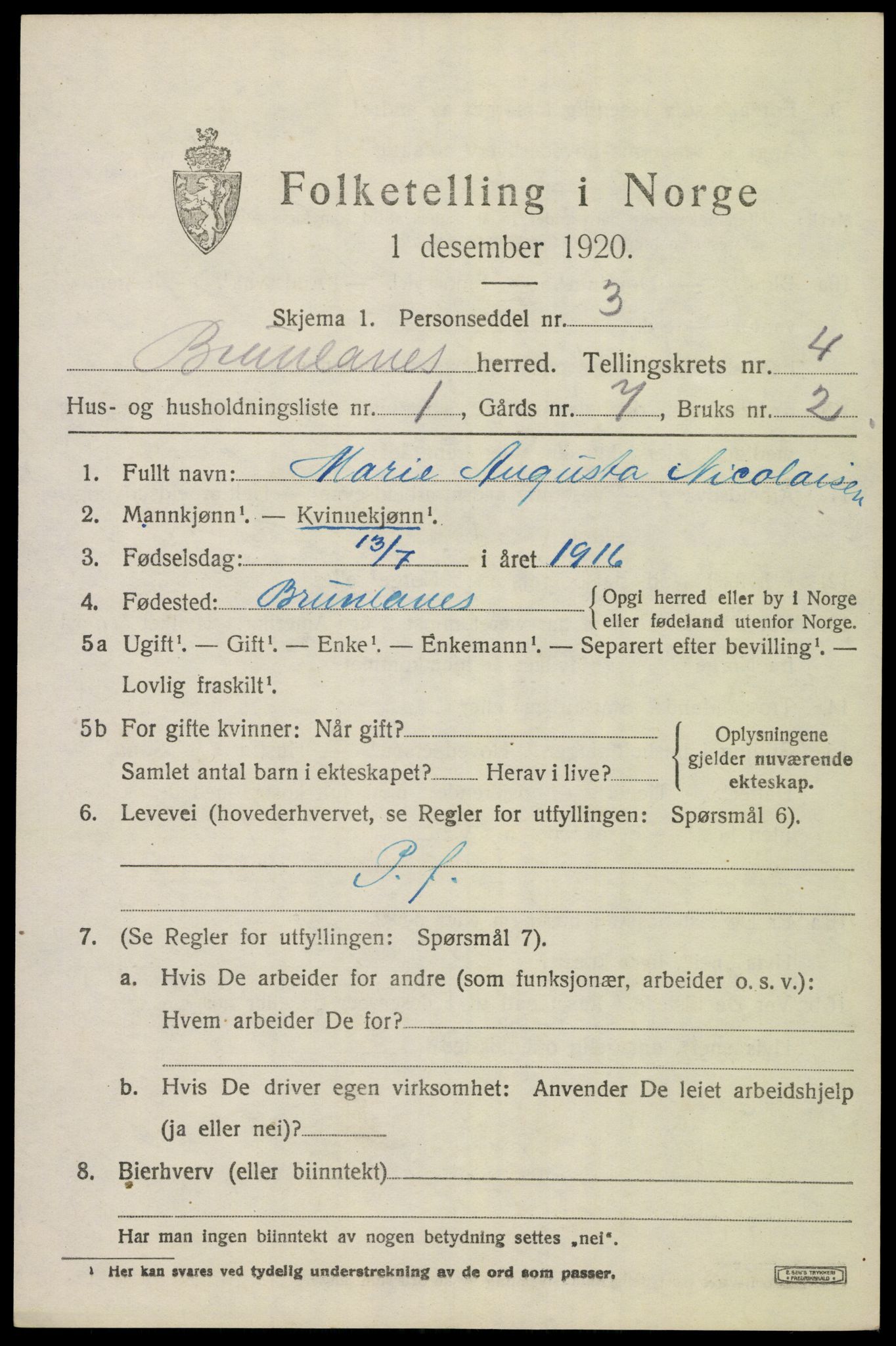 SAKO, Folketelling 1920 for 0726 Brunlanes herred, 1920, s. 6119