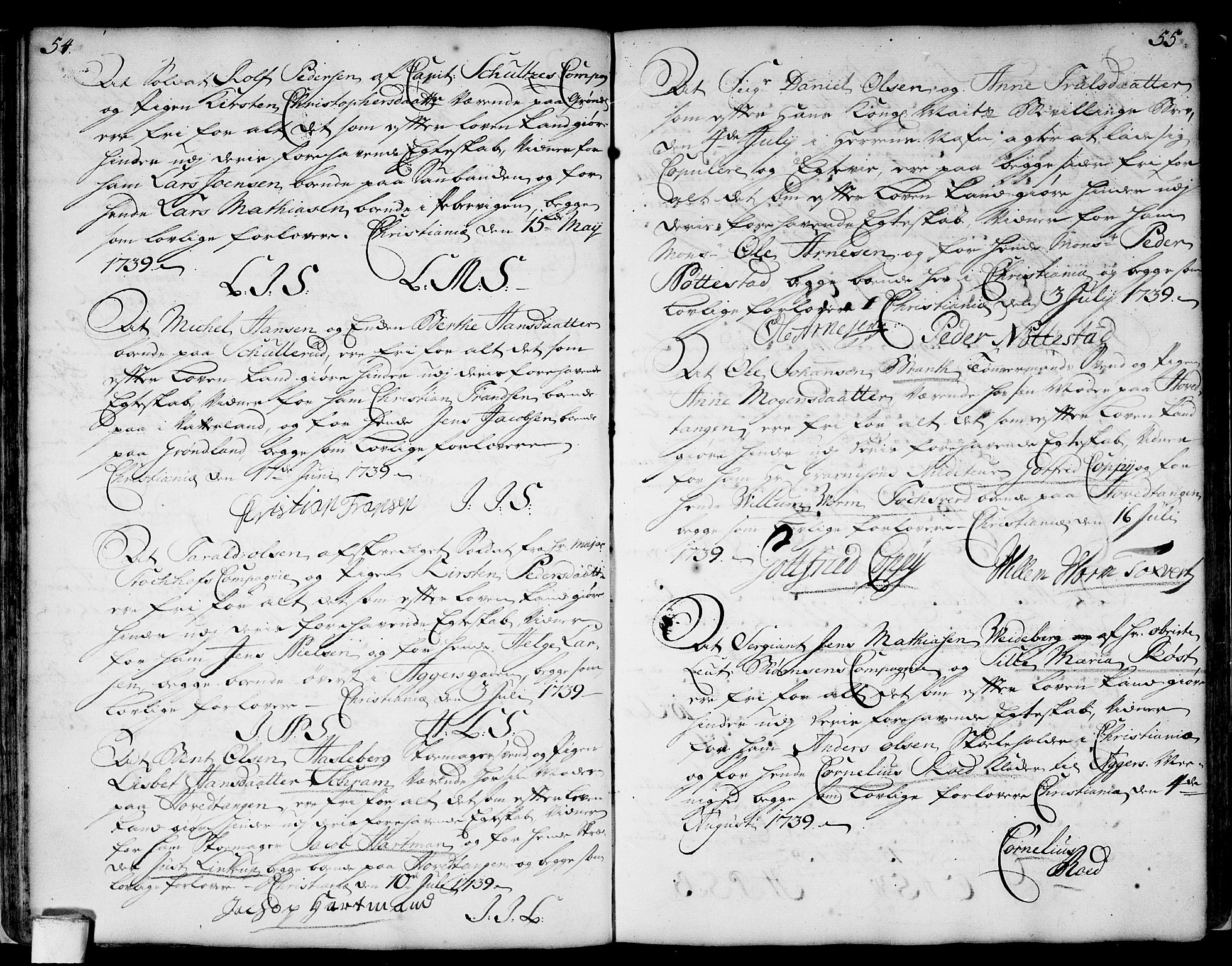 Aker prestekontor kirkebøker, SAO/A-10861/L/L0002: Forlovererklæringer nr. 2, 1734-1773, s. 54-55