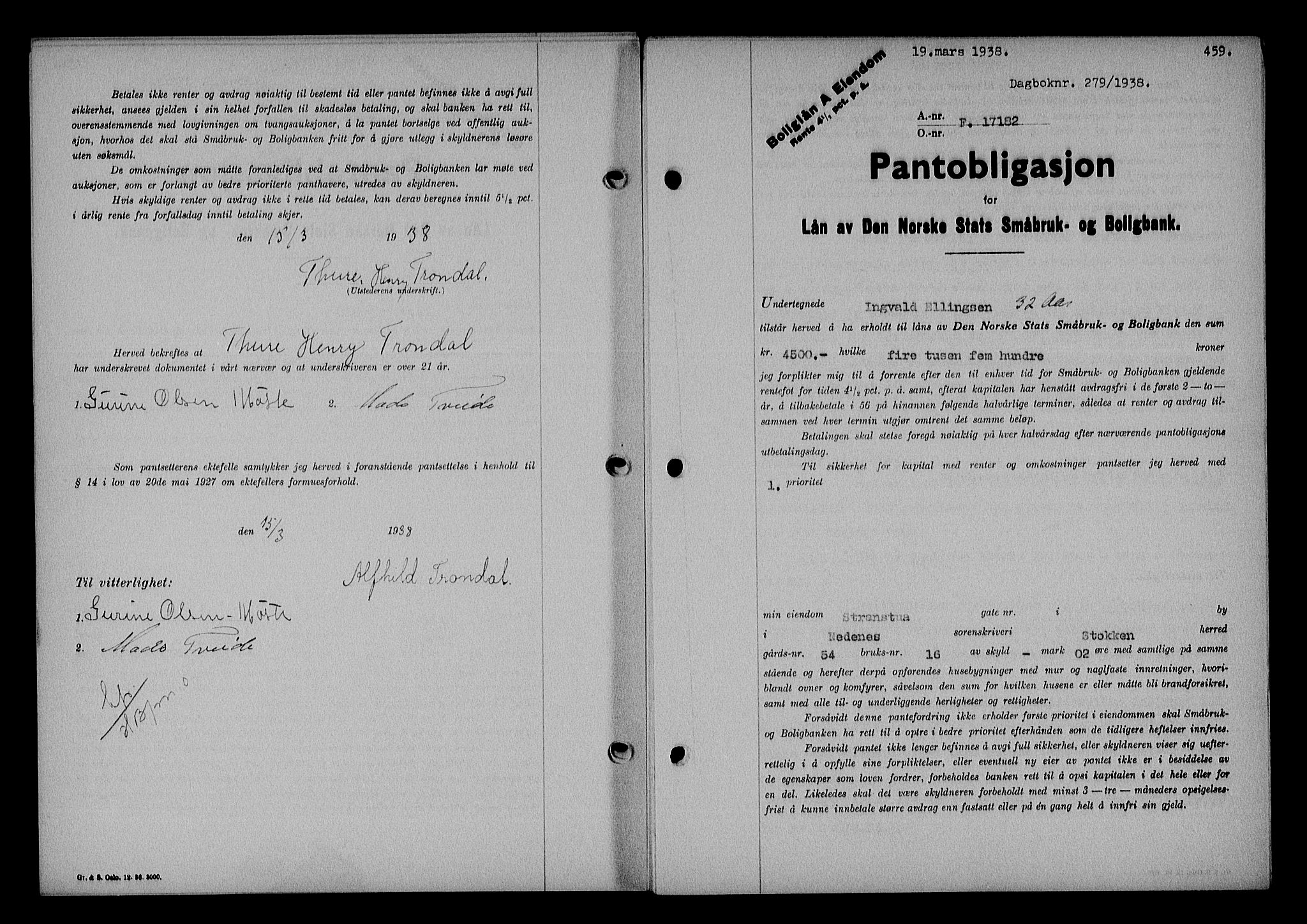 Nedenes sorenskriveri, AV/SAK-1221-0006/G/Gb/Gba/L0044: Pantebok nr. 40, 1937-1938, Dagboknr: 279/1938