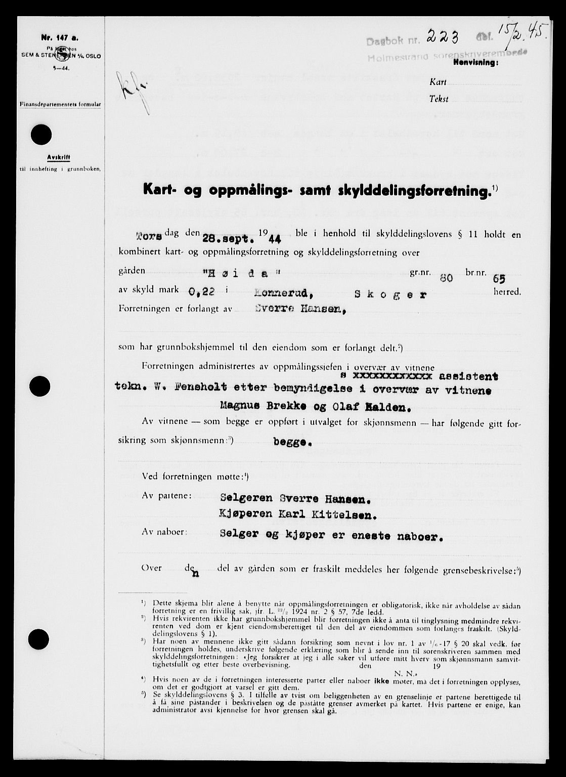 Holmestrand sorenskriveri, SAKO/A-67/G/Ga/Gaa/L0059: Pantebok nr. A-59, 1945-1946, Dagboknr: 223/1945