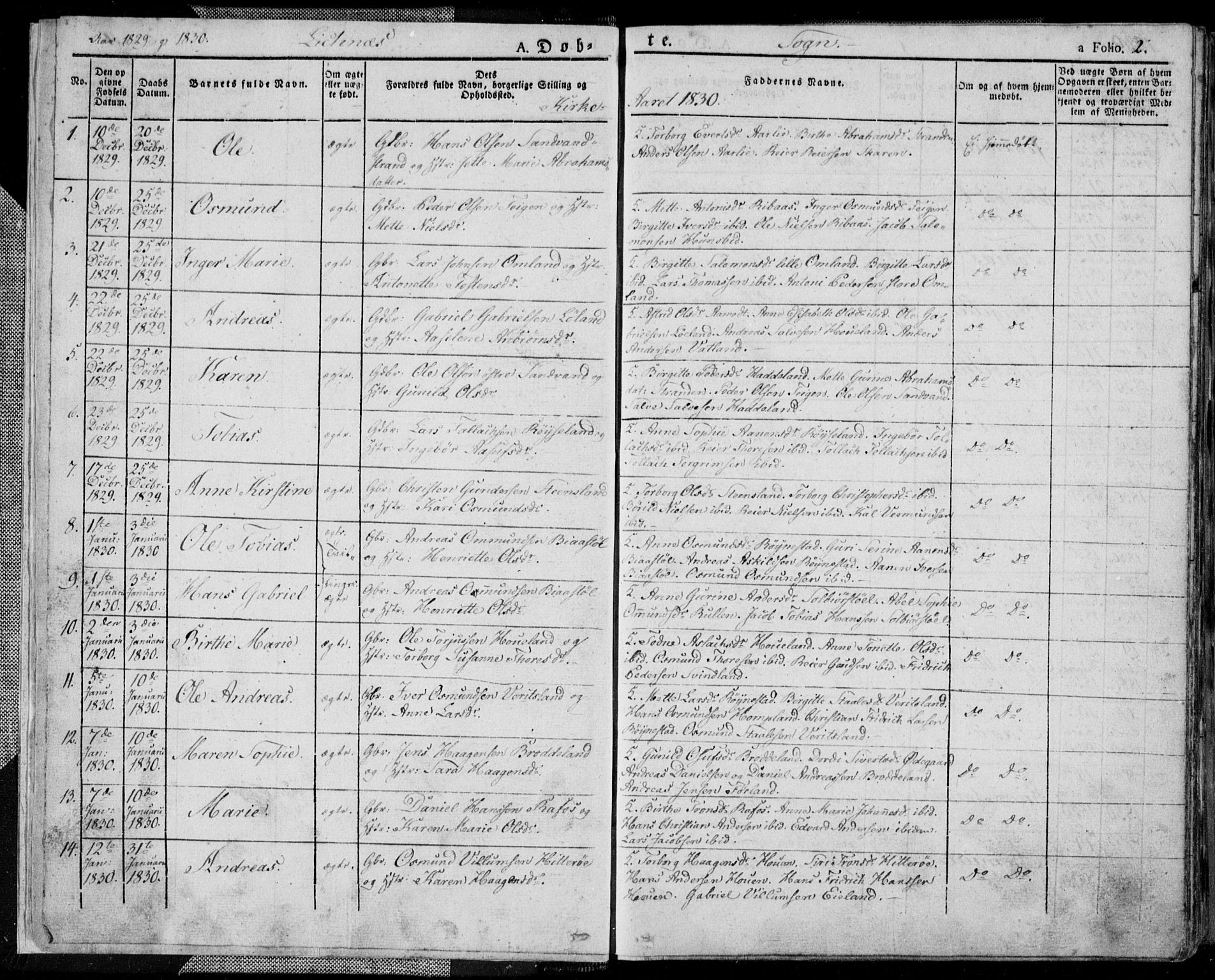 Kvinesdal sokneprestkontor, AV/SAK-1111-0026/F/Fa/Fab/L0004: Ministerialbok nr. A 4, 1829-1843, s. 2