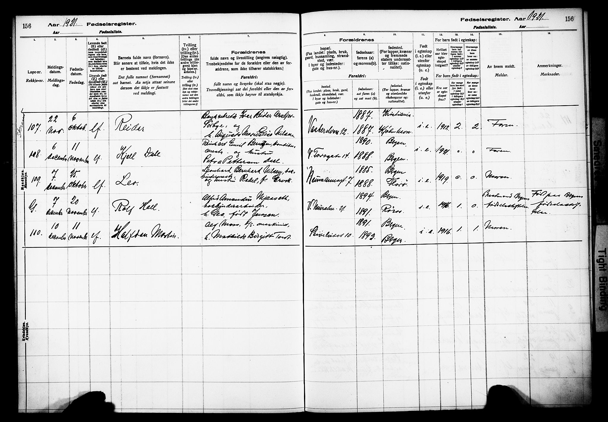 Domkirken sokneprestembete, SAB/A-74801/I/Id/L00A1: Fødselsregister nr. A 1, 1916-1923, s. 156